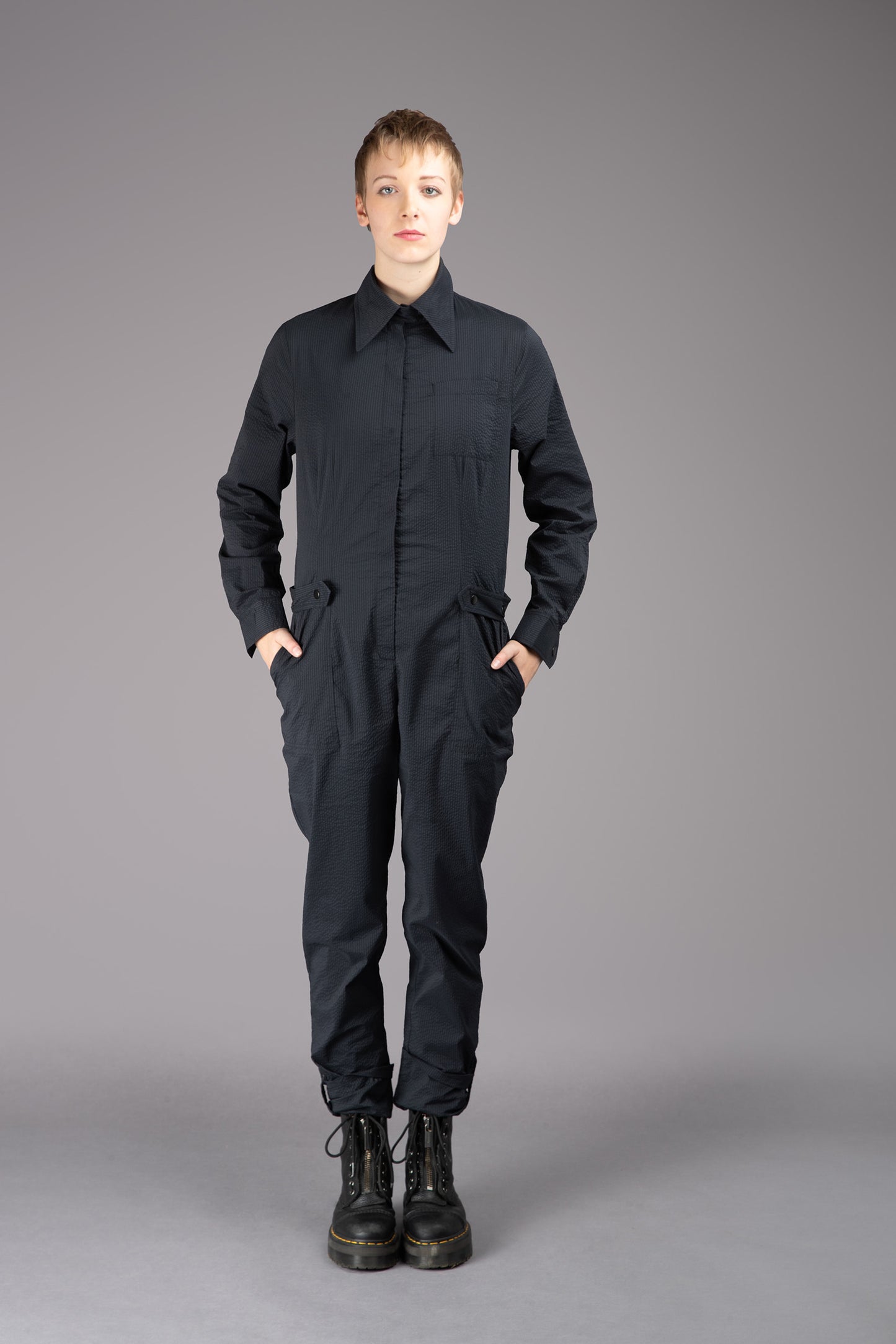 THE FEMININE WILDE Jumpsuit - Long Sleeve in Black Japanese Seersucker