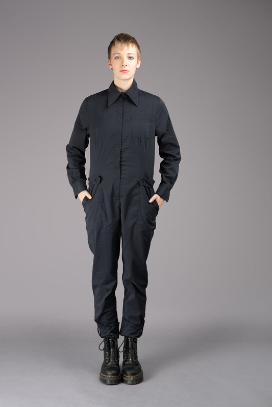 THE FEMININE WILDE Jumpsuit - Long Sleeve in Black Japanese Seersucker