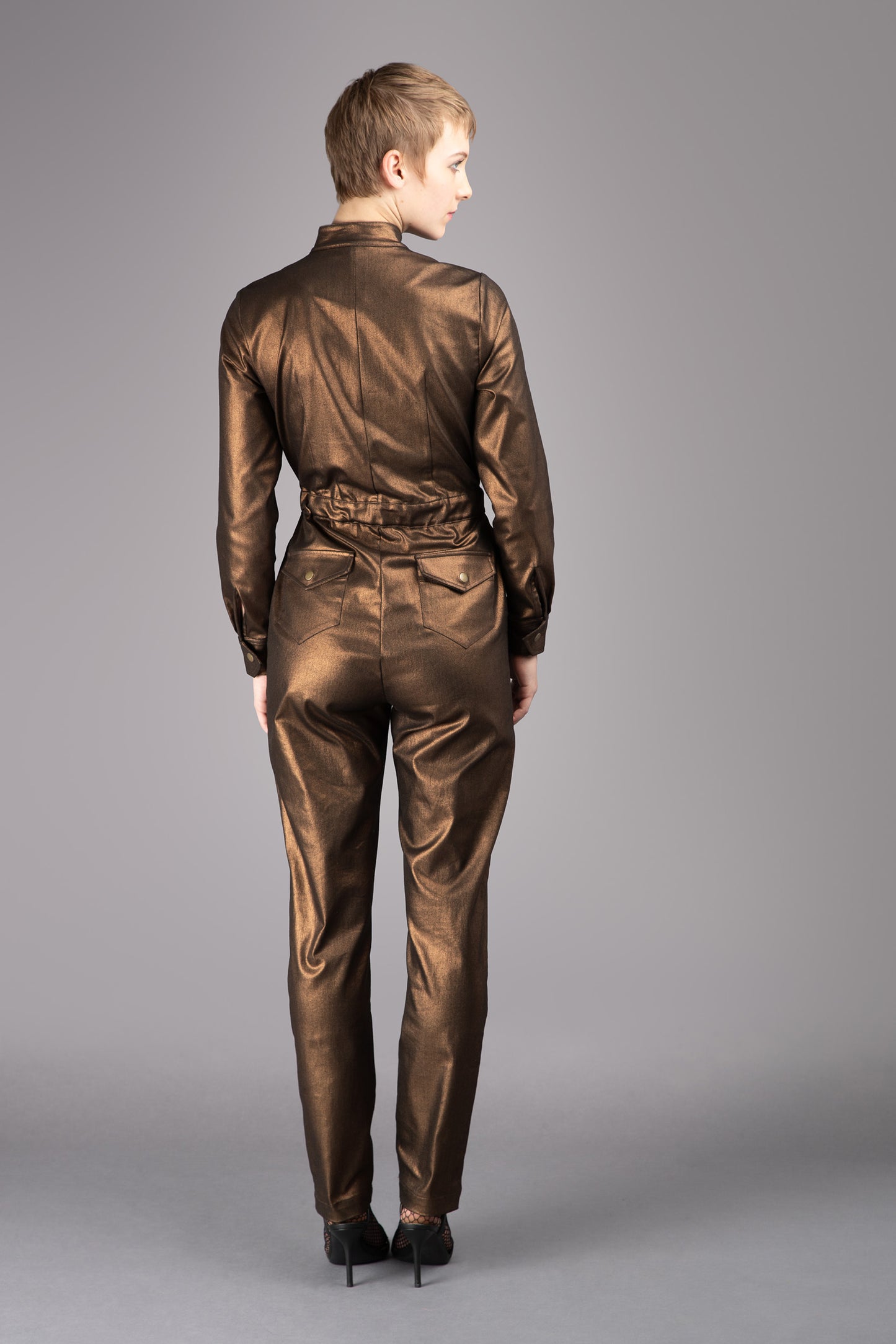 THE ALBERS Jumpsuit - Long Sleeve in Bronze Metallic Stretch Cotton