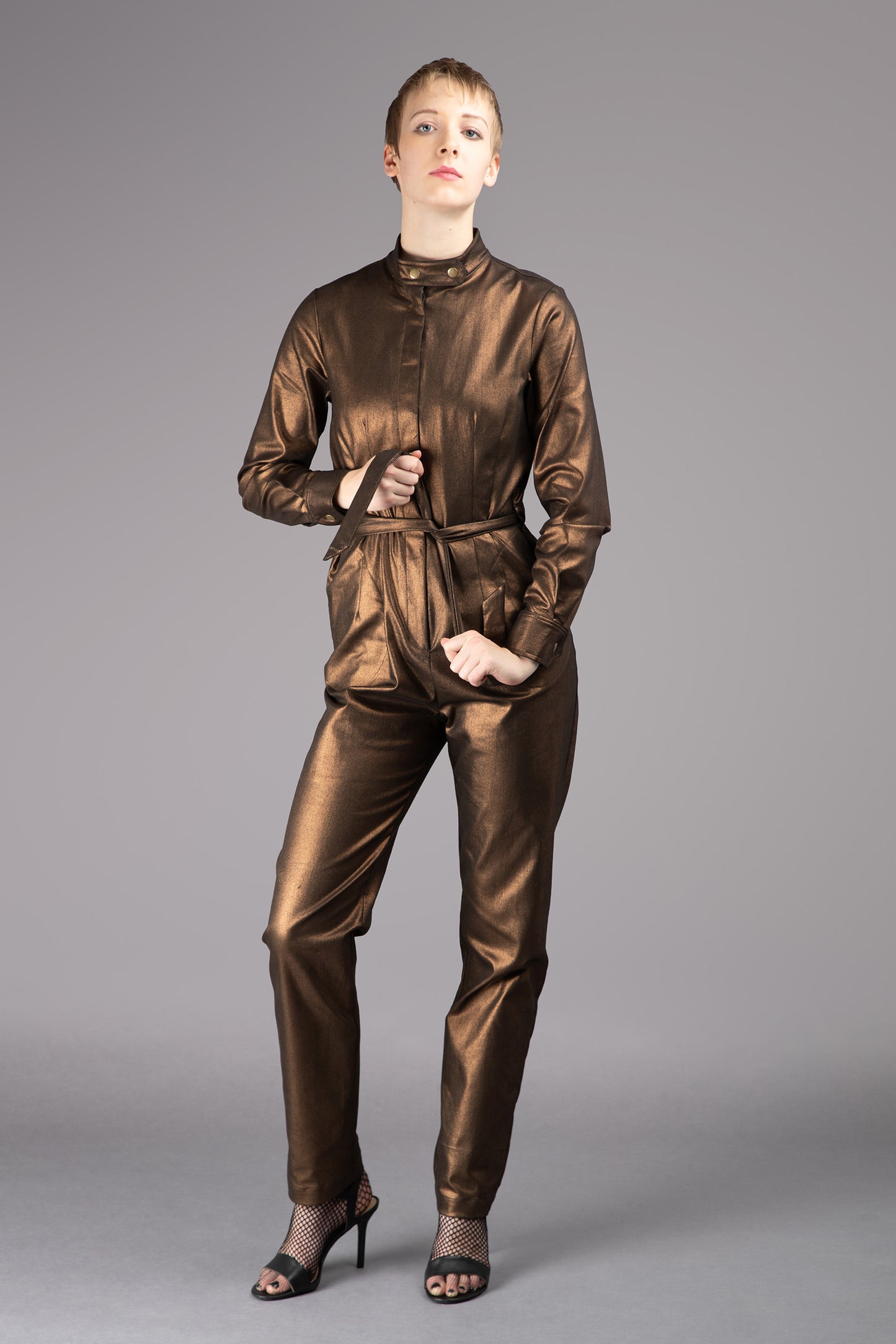 THE ALBERS Jumpsuit - Long Sleeve in Bronze Metallic Stretch Cotton
