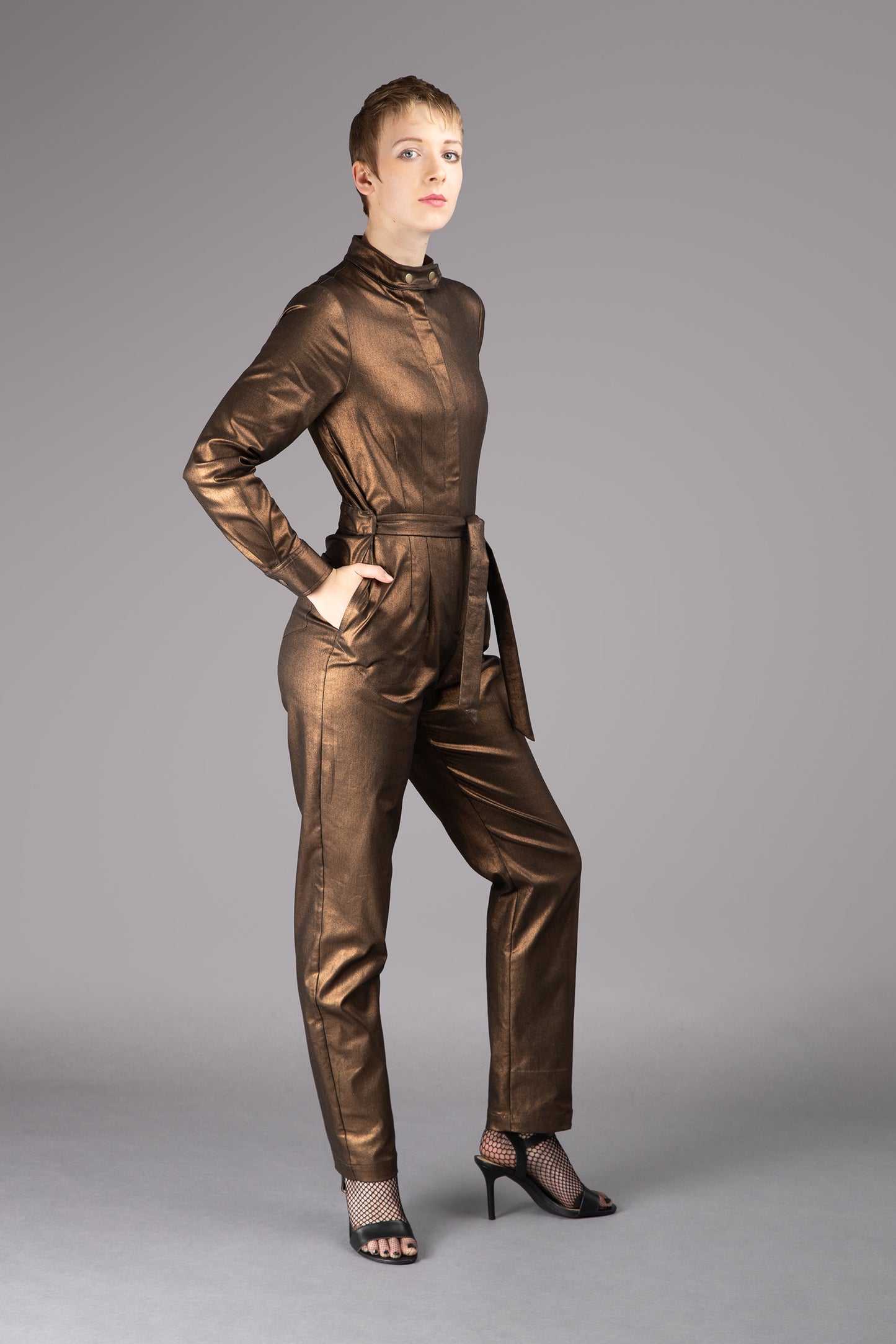 THE ALBERS Jumpsuit - Long Sleeve in Bronze Metallic Stretch Cotton