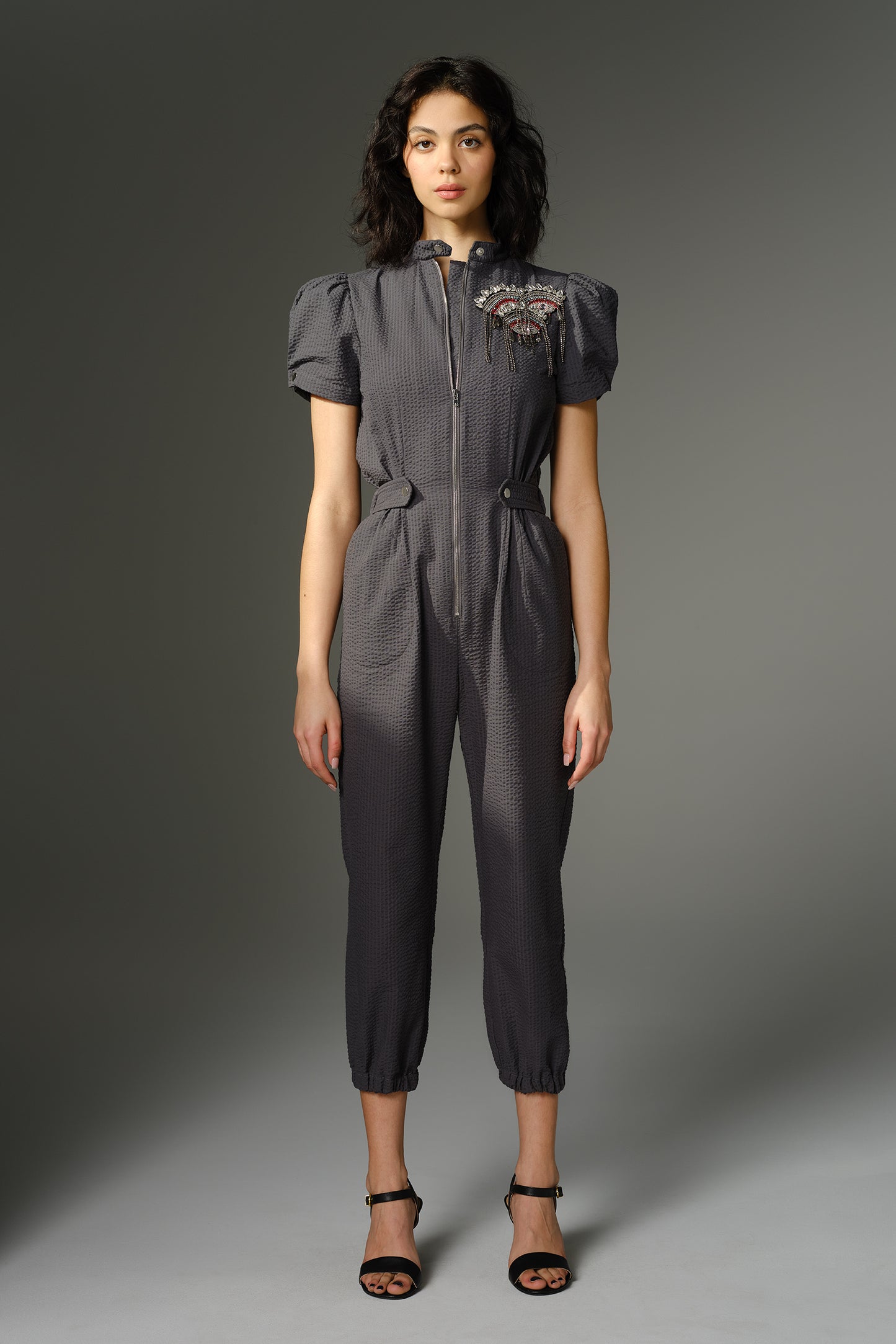 THE LAMARR Jumpsuit - Short Sleeve in Grey Cotton Seersucker