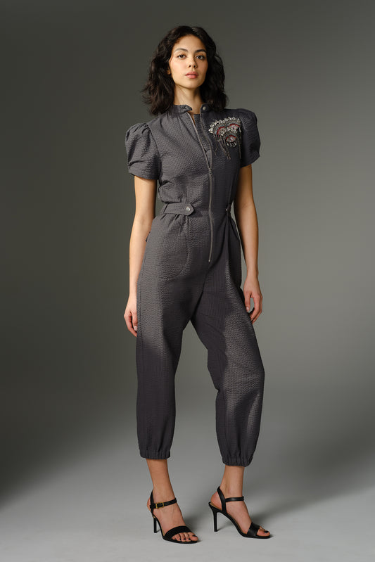 THE LAMARR Jumpsuit - Short Sleeve in Grey Cotton Seersucker