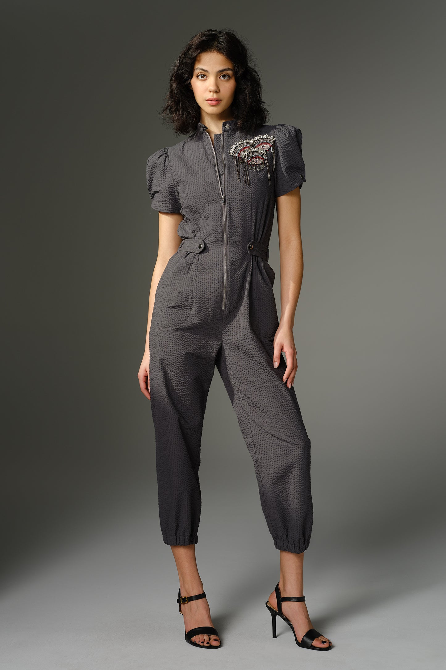 THE LAMARR Jumpsuit - Short Sleeve in Grey Cotton Seersucker