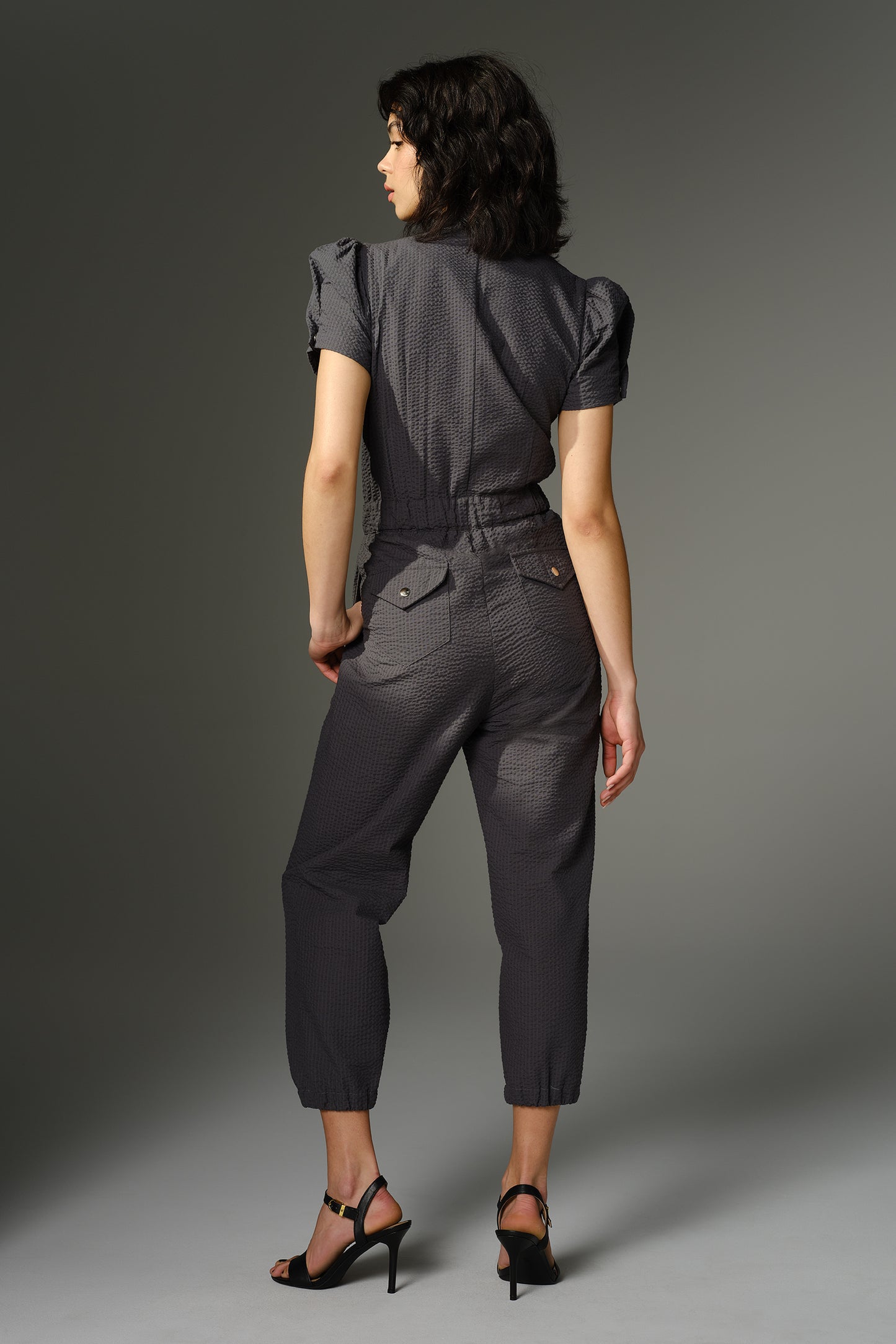 THE LAMARR Jumpsuit - Short Sleeve in Grey Cotton Seersucker