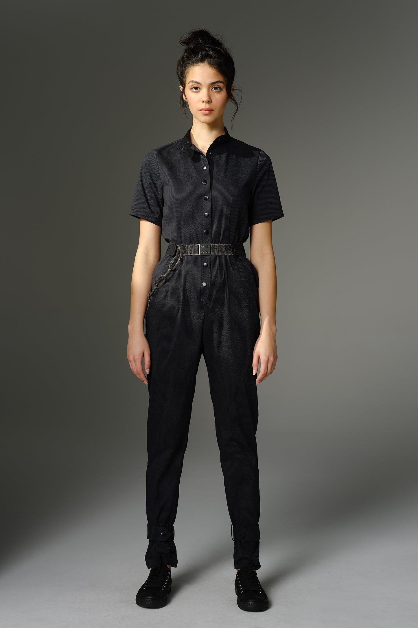 THE QUIMBY Jumpsuit - Short Sleeve Black Japanese Seersucker