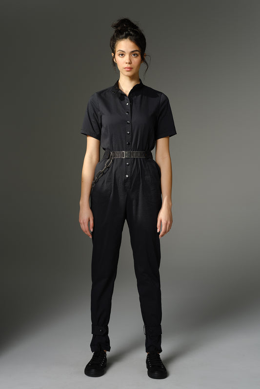 THE QUIMBY Jumpsuit - Short Sleeve Black Japanese Seersucker