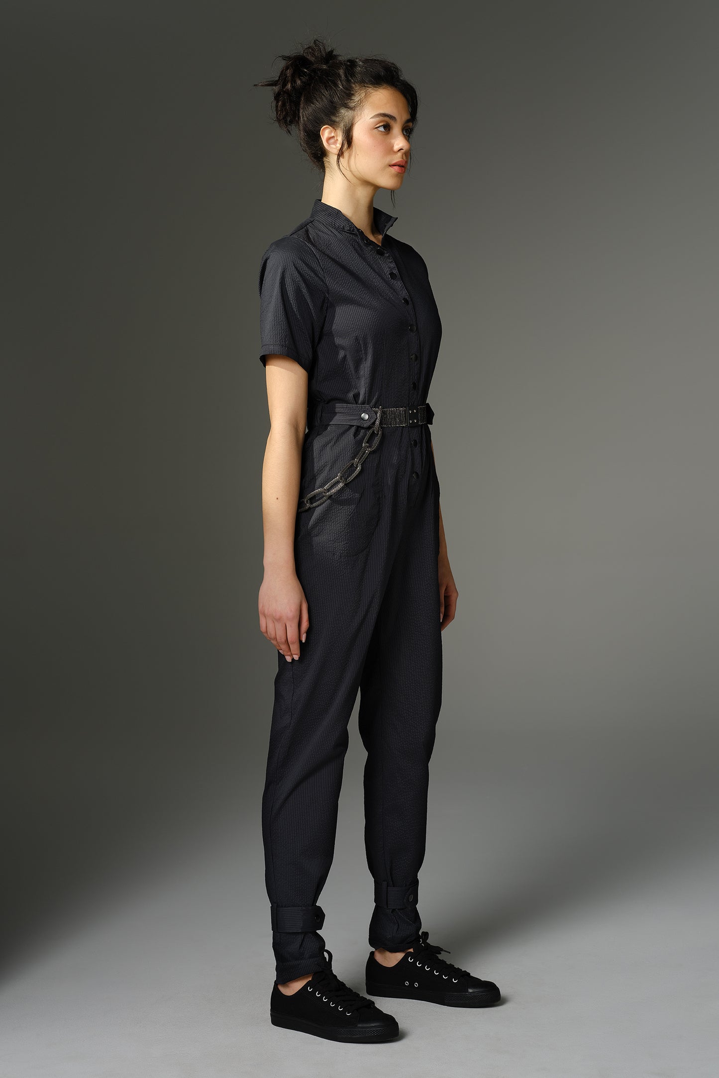 THE QUIMBY Jumpsuit - Short Sleeve Black Japanese Seersucker