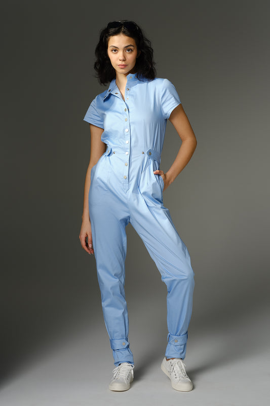 THE QUIMBY Jumpsuit - Short Sleeve Light Blue Cotton Sateen