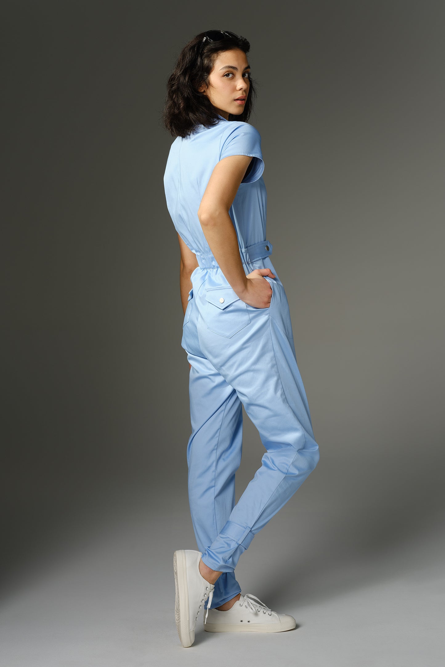 THE QUIMBY Jumpsuit - Short Sleeve Light Blue Cotton Sateen