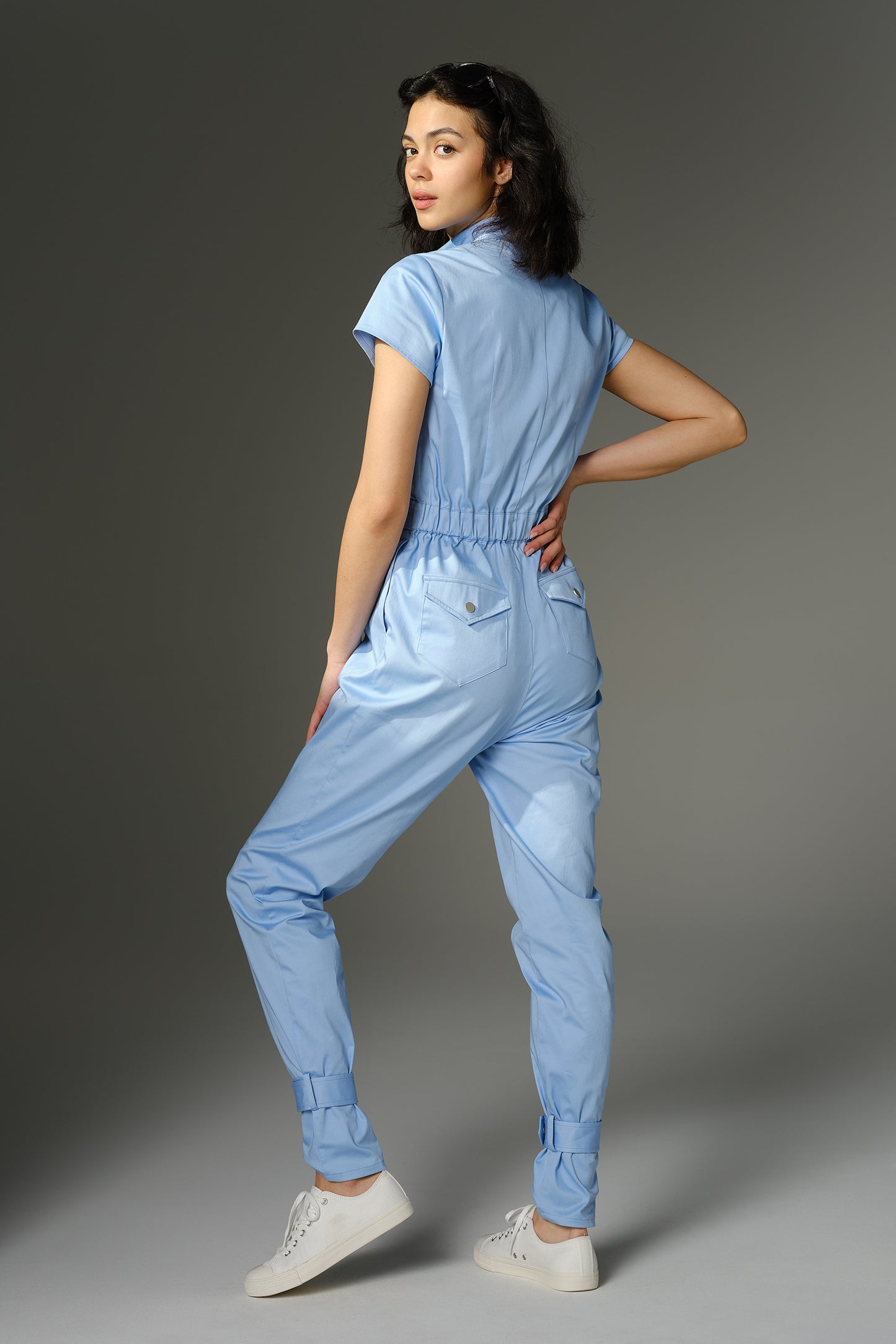 THE QUIMBY Jumpsuit - Short Sleeve Light Blue Cotton Sateen