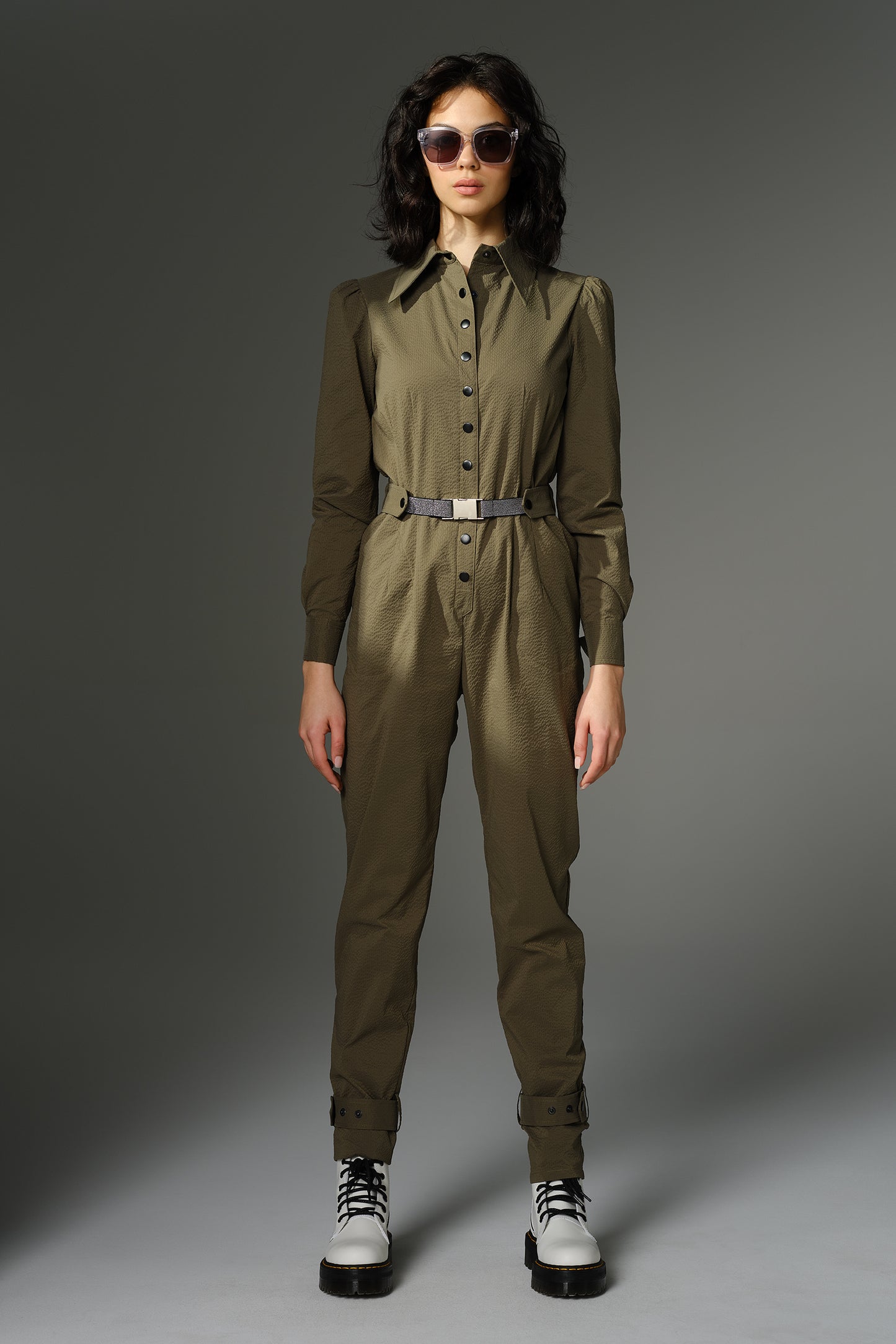 THE WOOLF Jumpsuit - Long Sleeve in Olive Japanese Seersucker