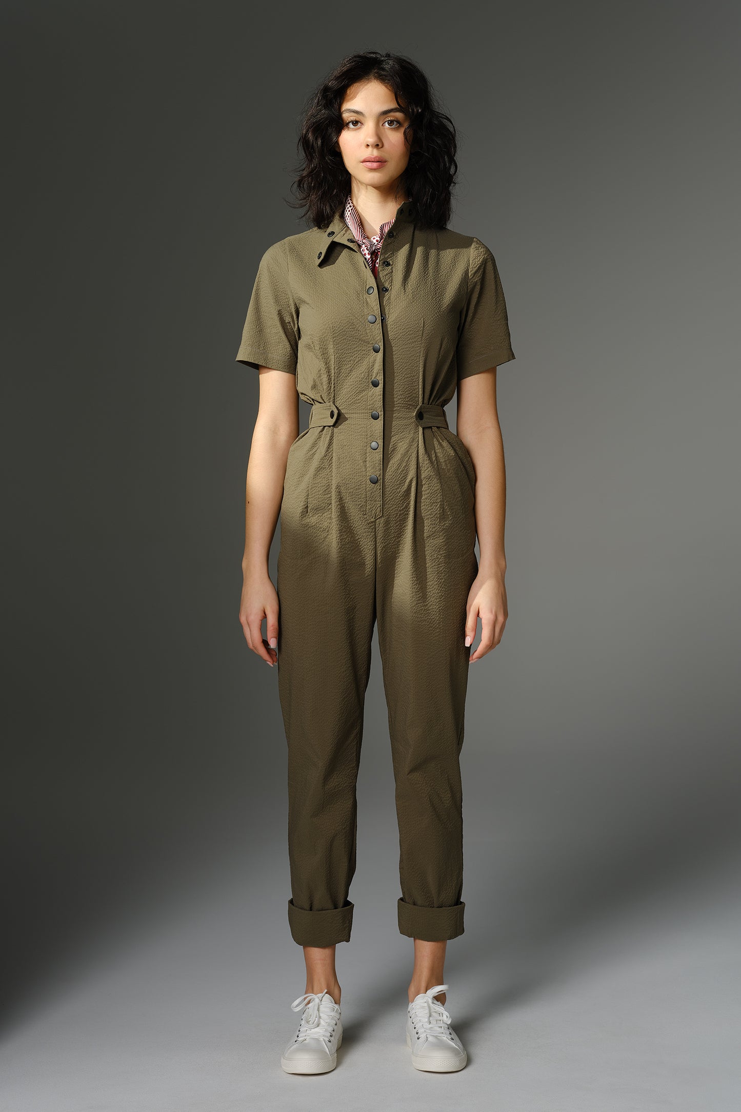THE QUIMBY Jumpsuit - Short Sleeve Olive Japanese Seersucker