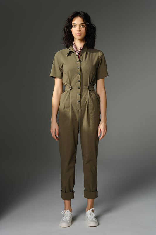 THE QUIMBY Jumpsuit - Short Sleeve Olive Japanese Seersucker