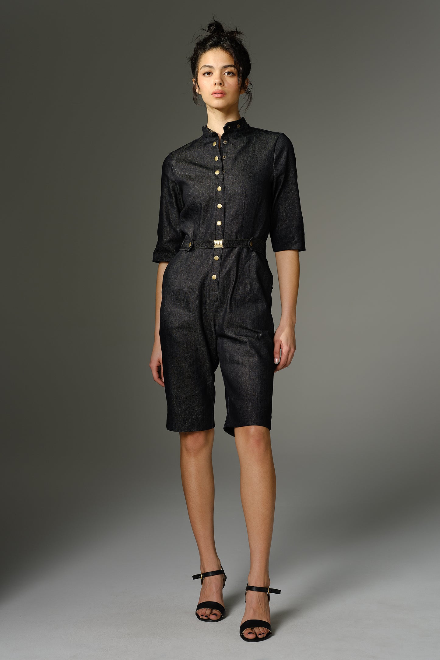 THE QUIMBY Shorts Jumpsuit - Short Sleeve in Sparkle Denim