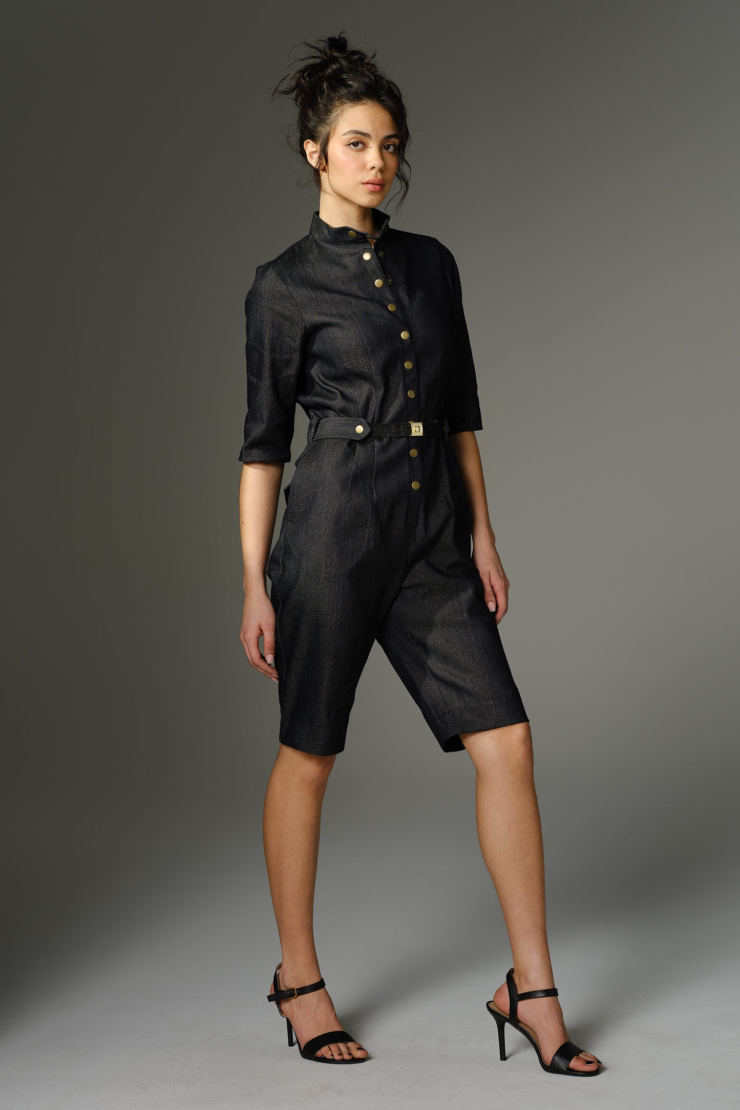 THE QUIMBY Shorts Jumpsuit - Short Sleeve in Sparkle Denim