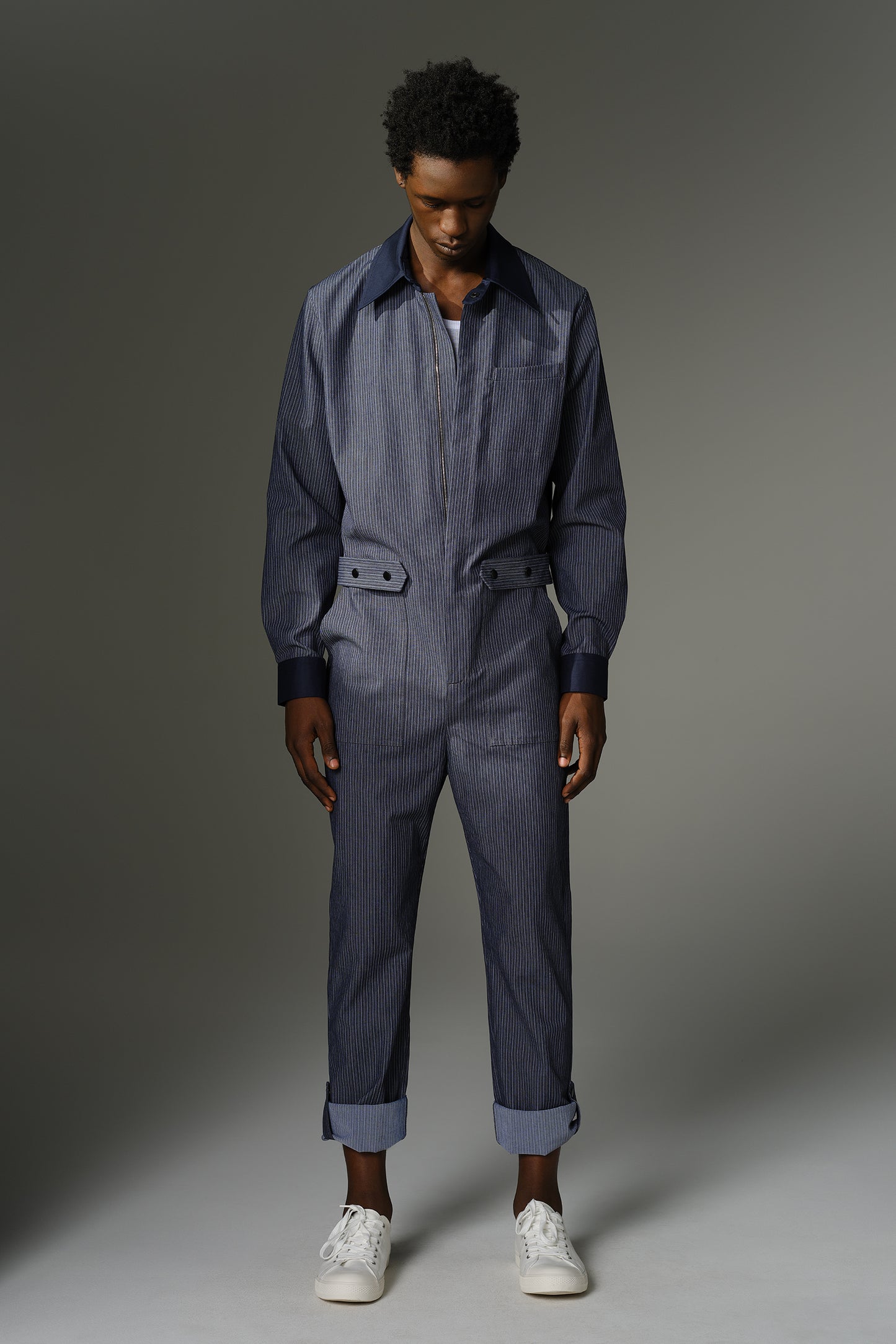 THE WILDE Jumpsuit - Long Sleeve Grey Pinstripe Cotton Stretch