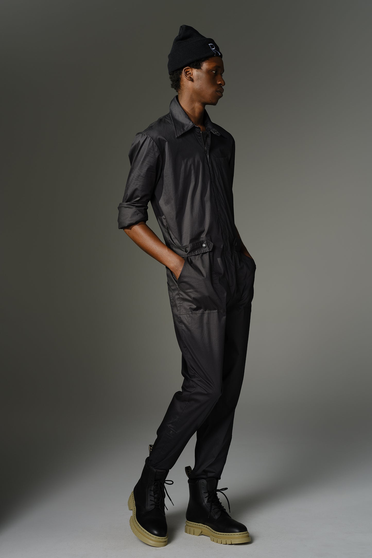 THE WILDE Jumpsuit - Long Sleeve in Black Cotton Sateen