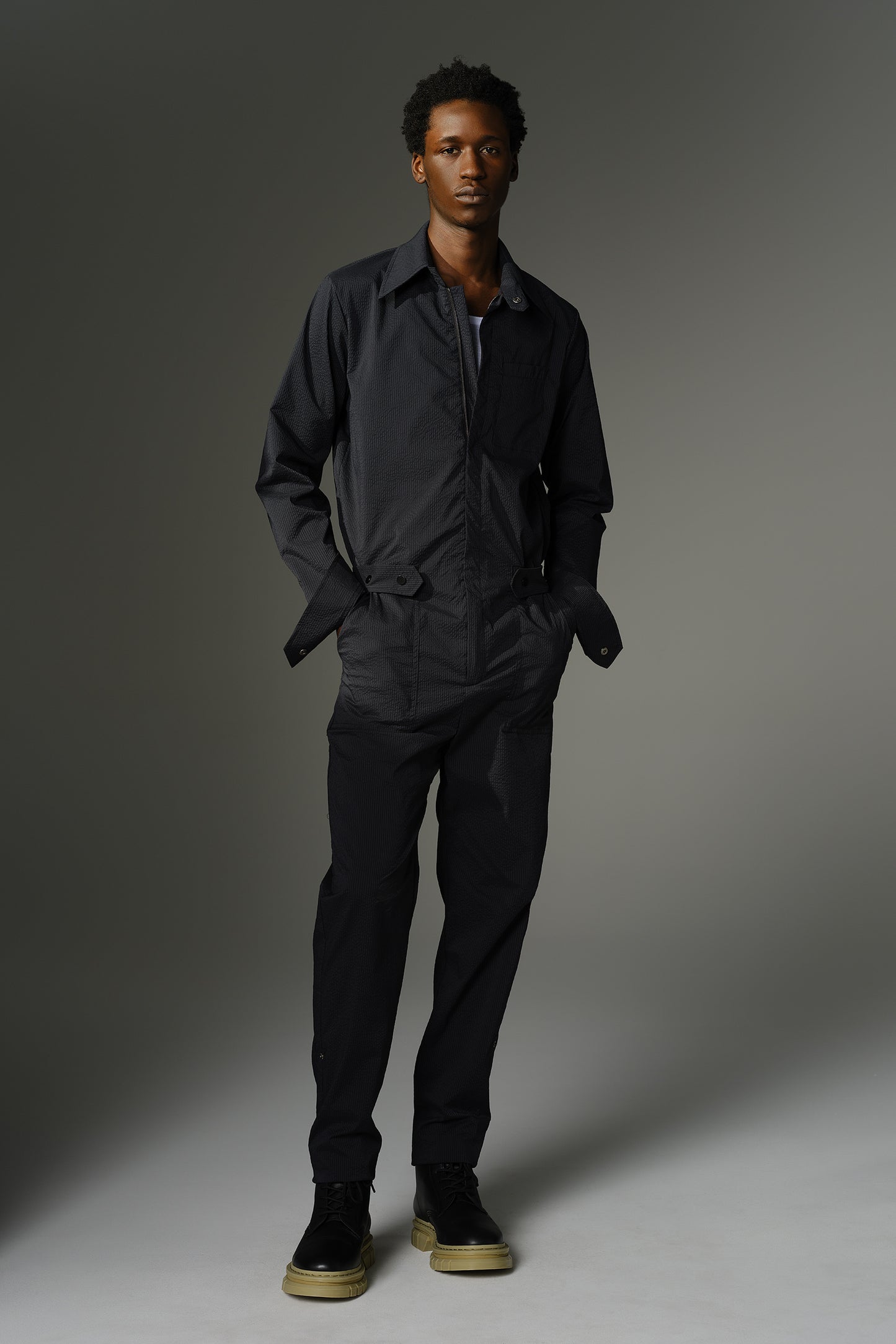 THE WILDE Jumpsuit - Long Sleeve in Black Japanese Seersucker