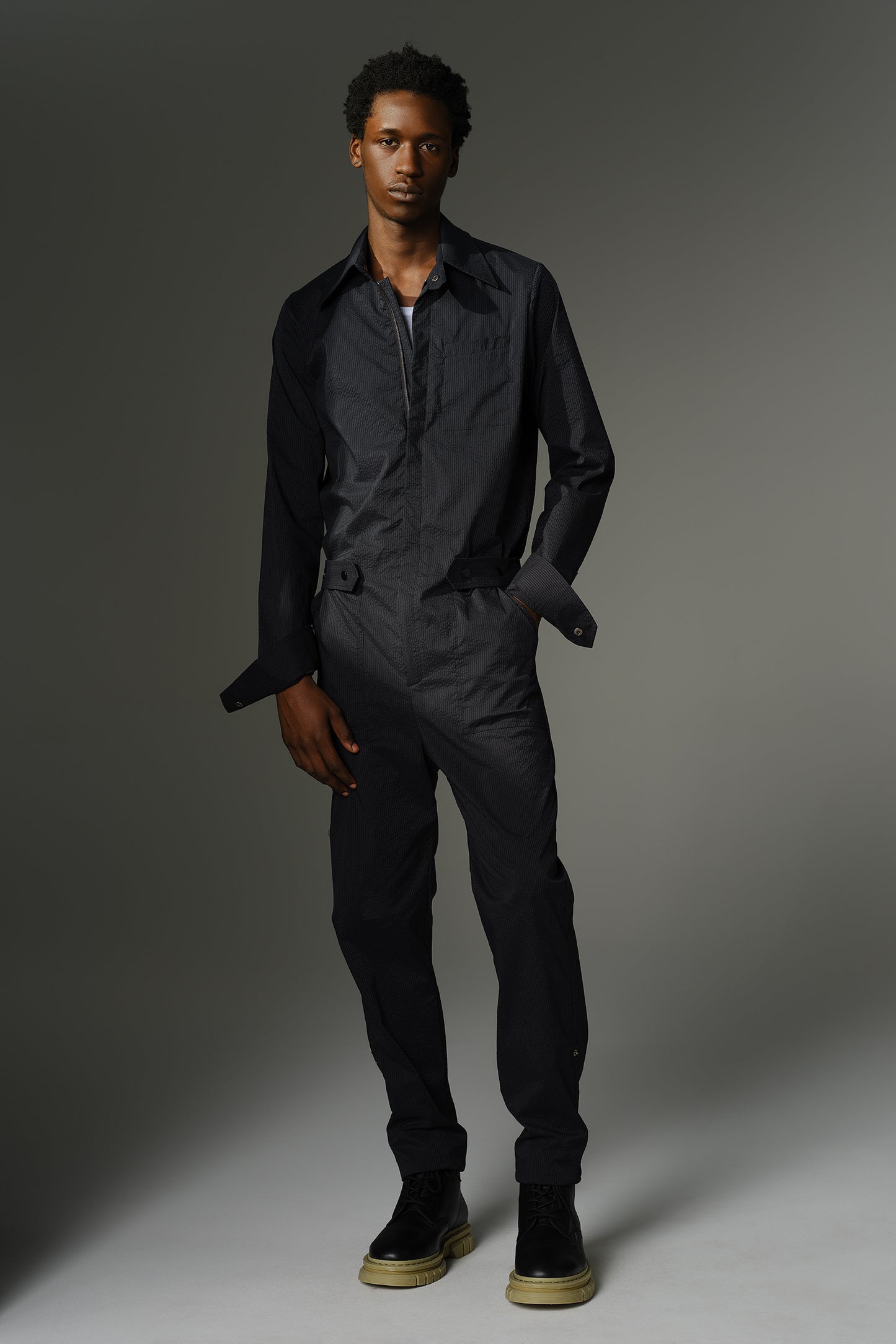 THE WILDE Jumpsuit - Long Sleeve in Black Japanese Seersucker