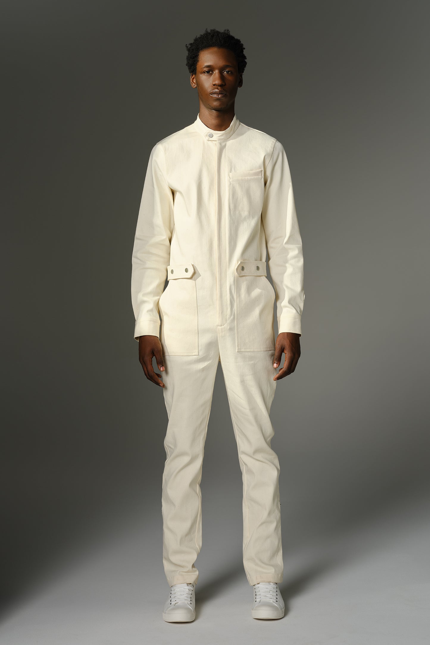 THE WILDE Jumpsuit - Long Sleeve in Cream Stretch Denim