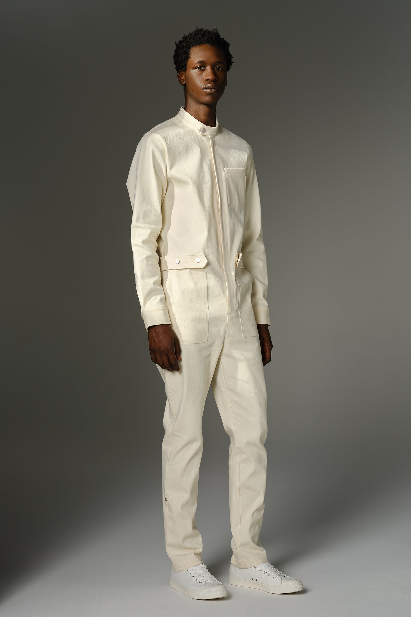 THE WILDE Jumpsuit - Long Sleeve in Cream Stretch Denim