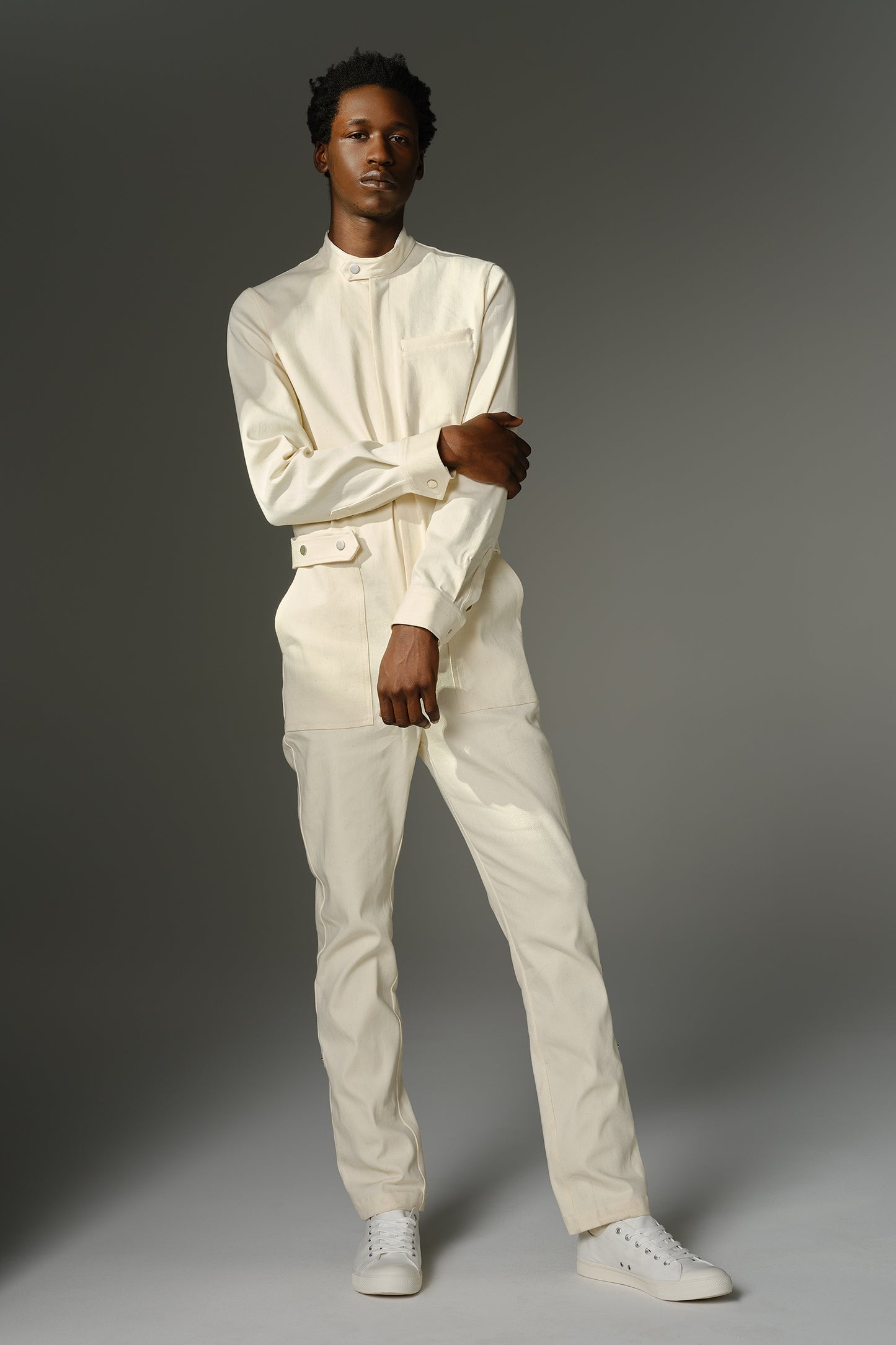 THE WILDE Jumpsuit - Long Sleeve in Cream Stretch Denim