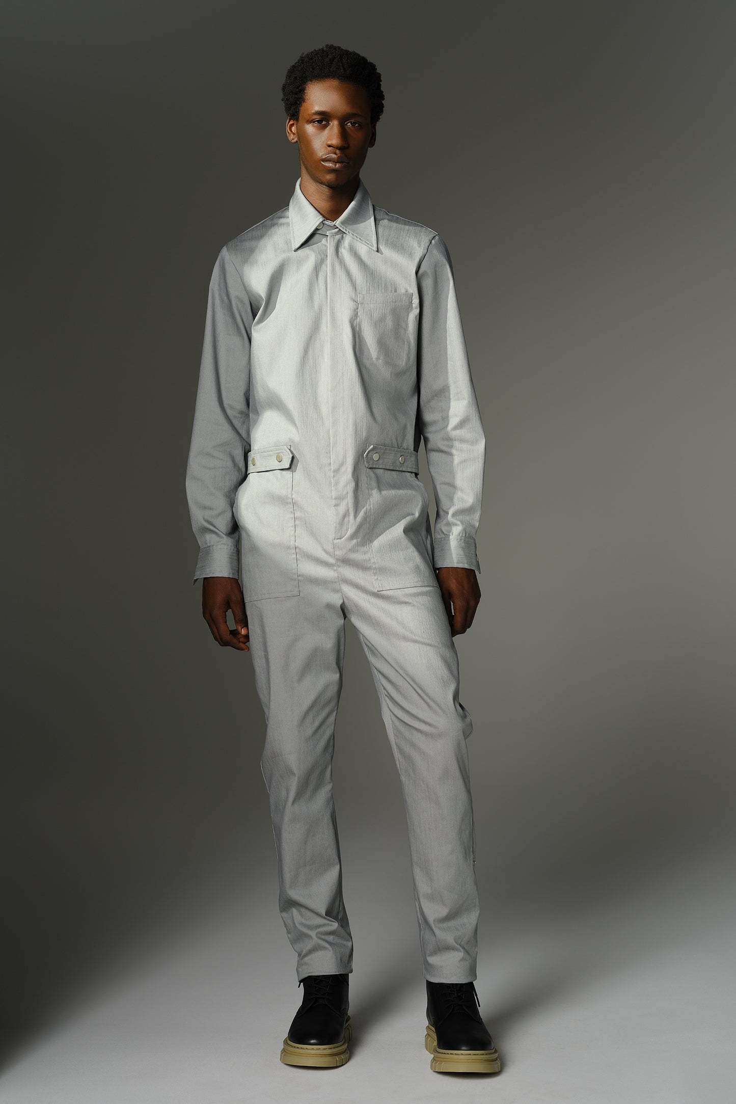 THE WILDE Jumpsuit - Long Sleeve in Grey Stretch Denim
