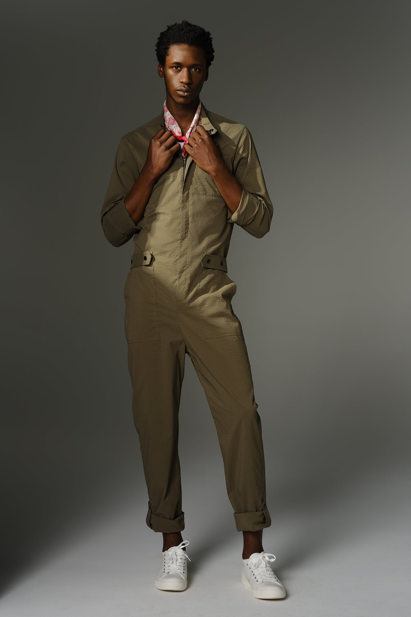 THE WILDE Jumpsuit - Long Sleeve in Olive Japanese Seersucker