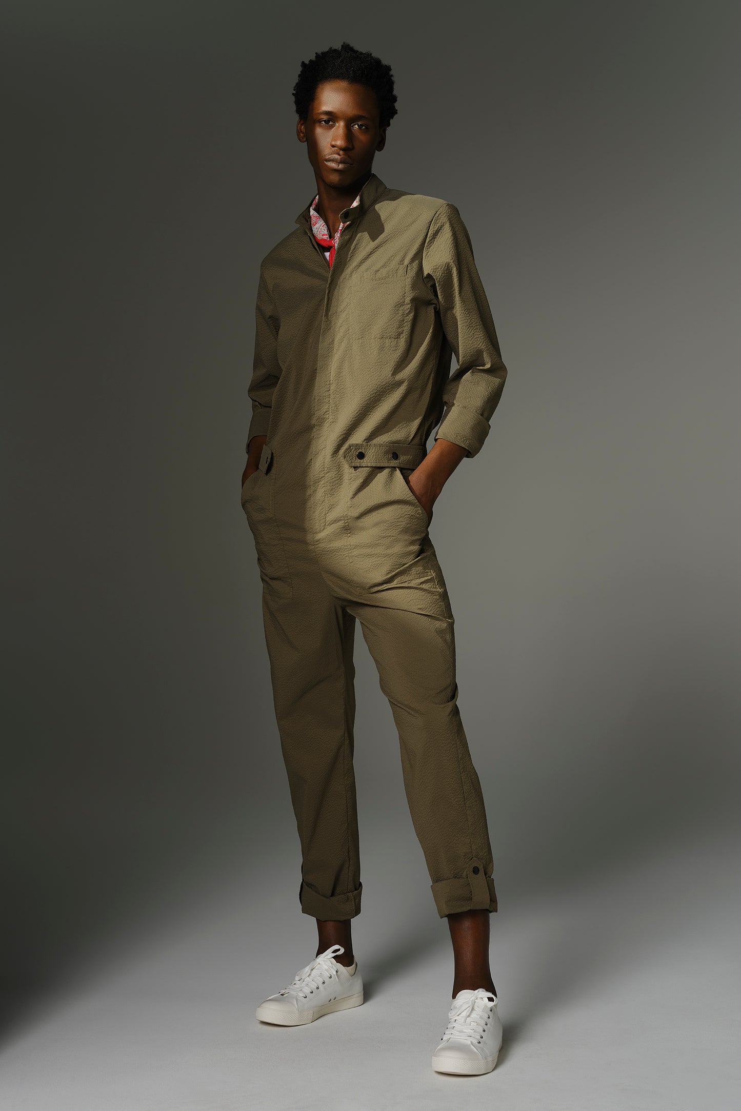 THE WILDE Jumpsuit - Long Sleeve in Olive Japanese Seersucker