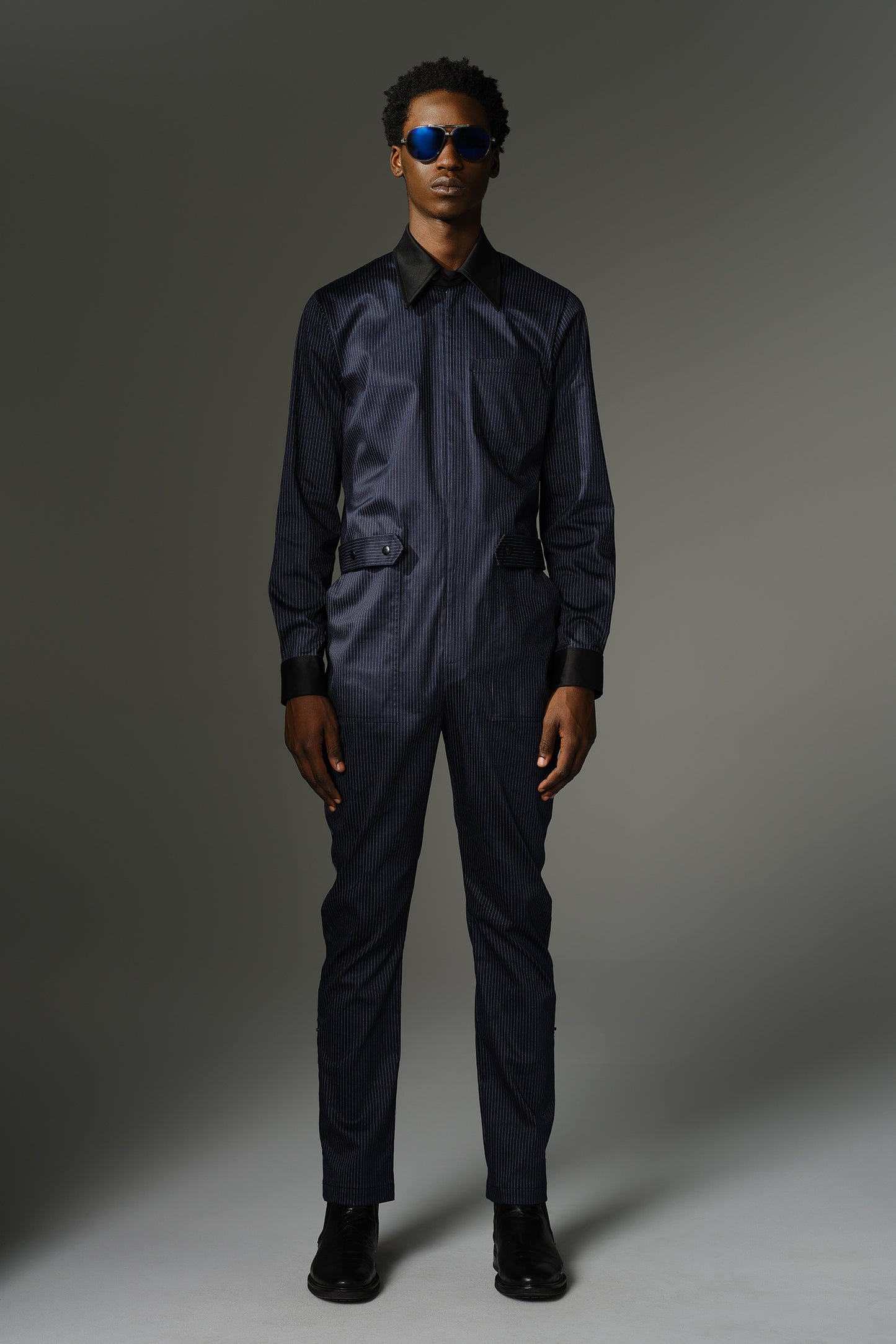 THE WILDE Jumpsuit - Long Sleeve in Deep Blue Pinstripe Japanese Seersucker