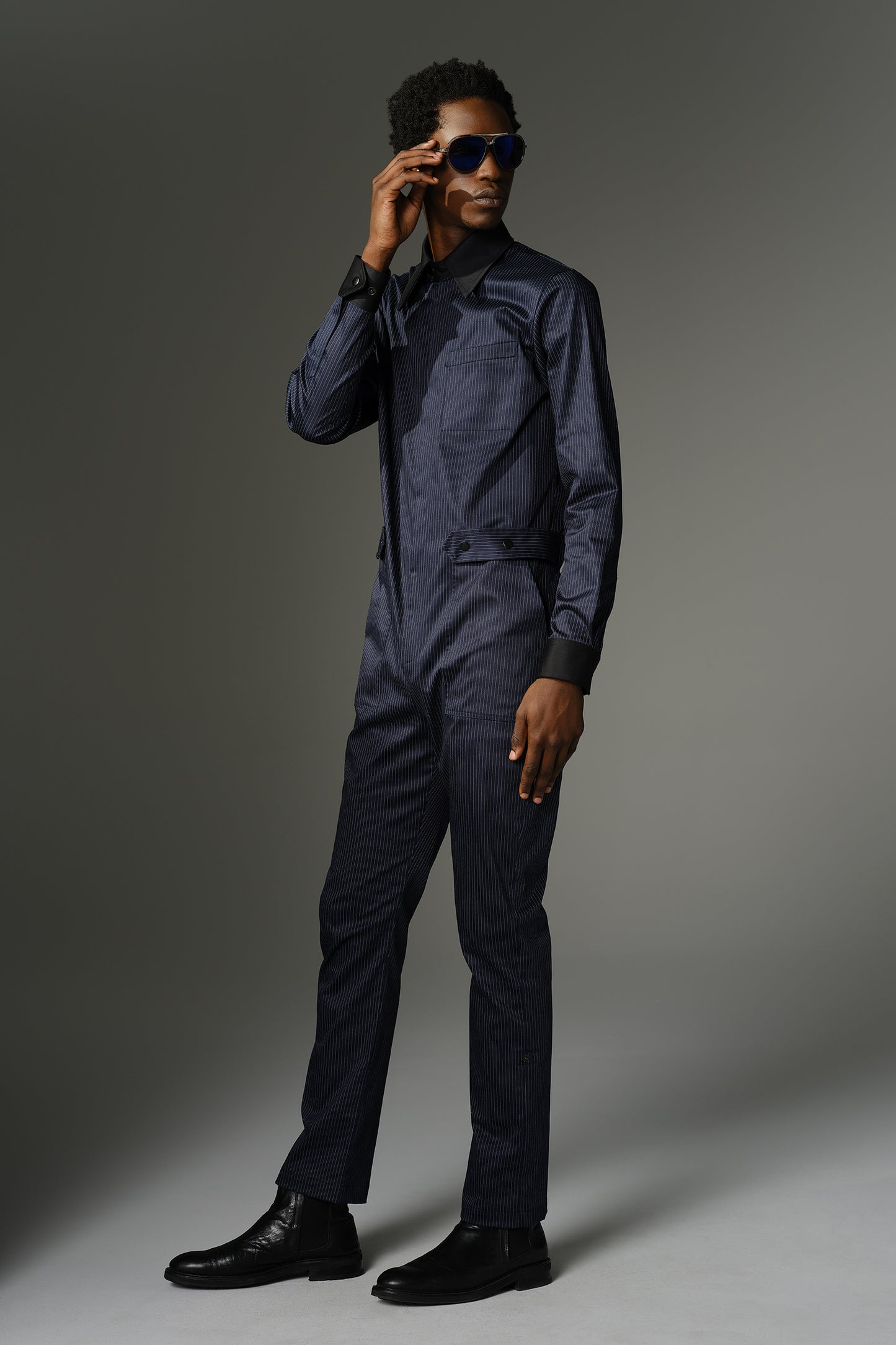 THE WILDE Long Sleeve Deep Blue Pinstripe