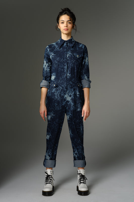 THE FEMININE WILDE Jumpsuit - Long Sleeve in Blue Splatter Print Denim