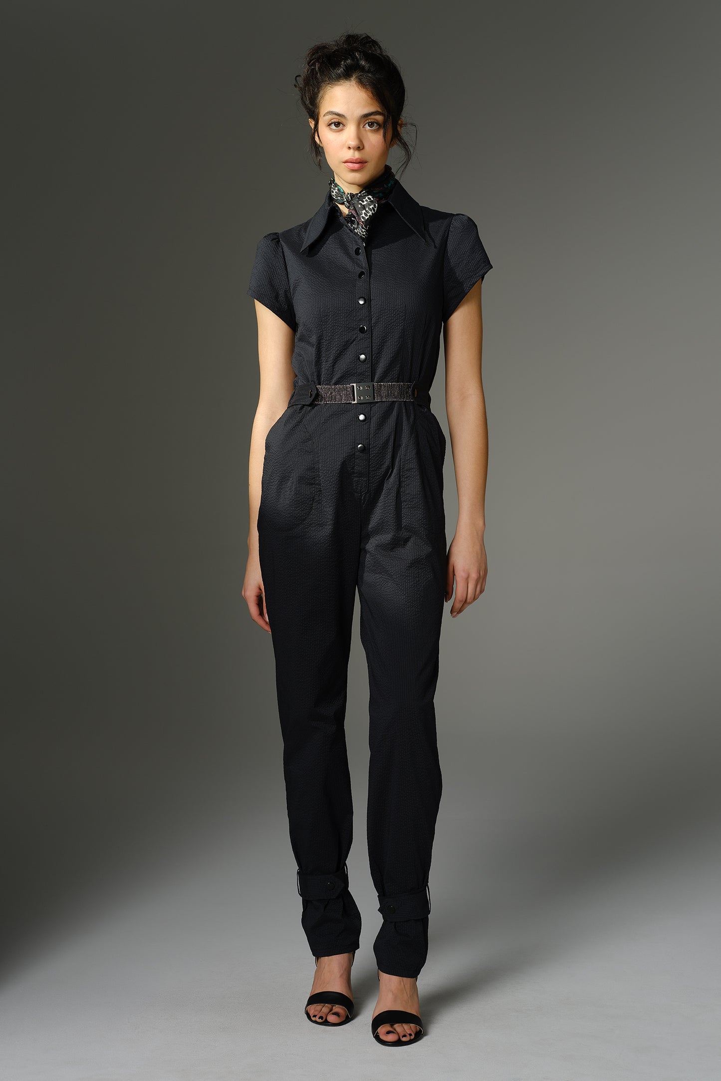 THE WOOLF Jumpsuit - Short Sleeve in Black Japanese Seersucker