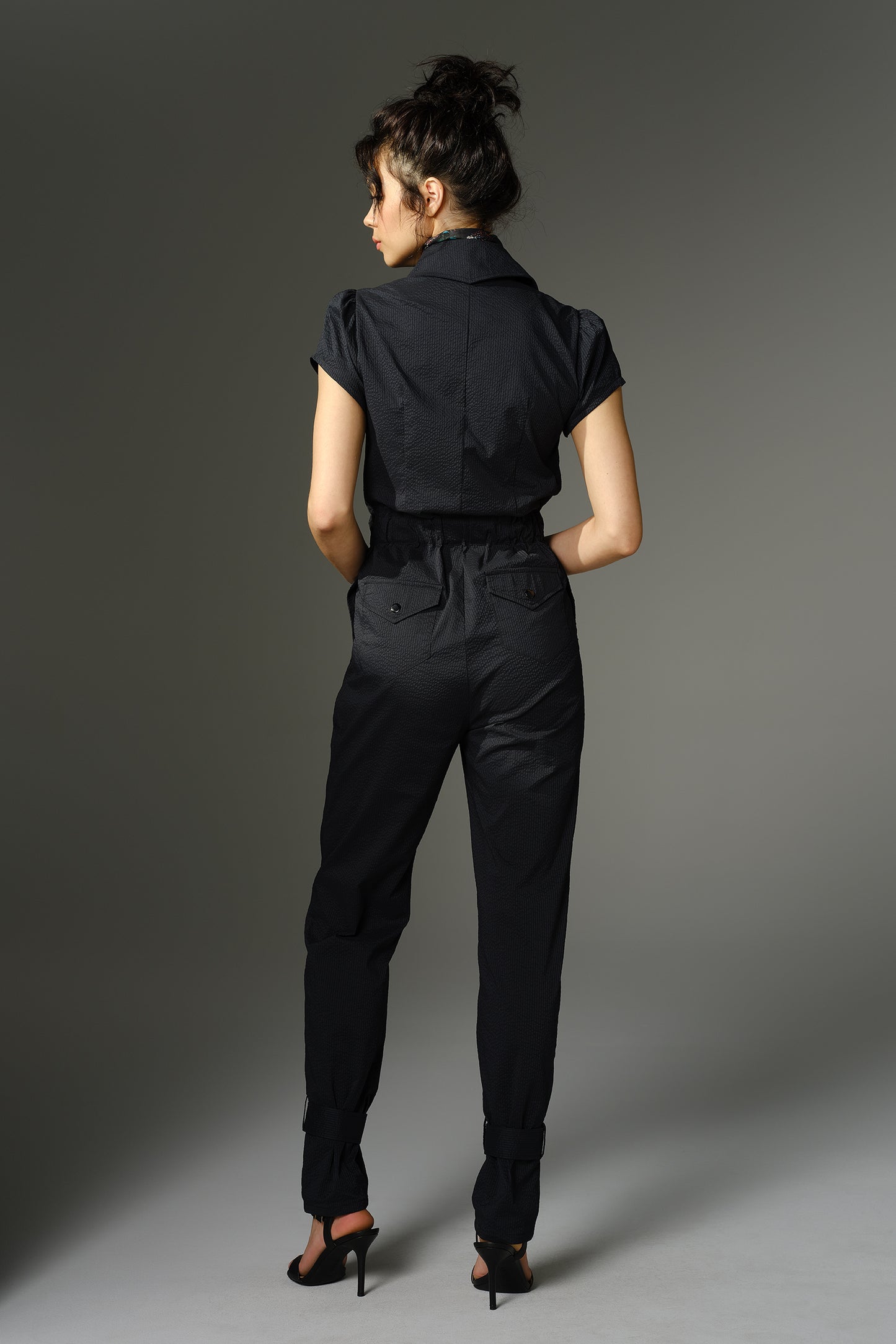 THE WOOLF Jumpsuit - Short Sleeve in Black Japanese Seersucker