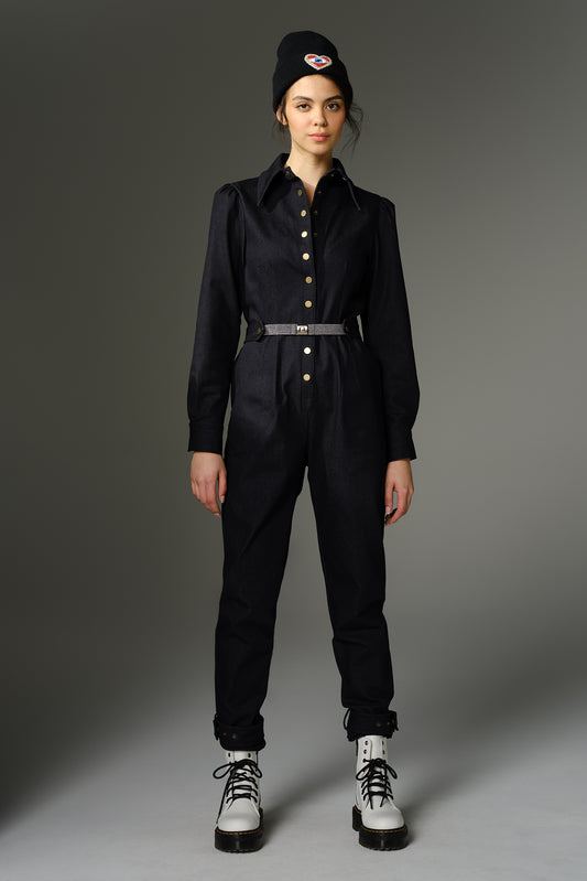 THE WOOLF Jumpsuit in Long Sleeve Deep Indigo Stretch Denim