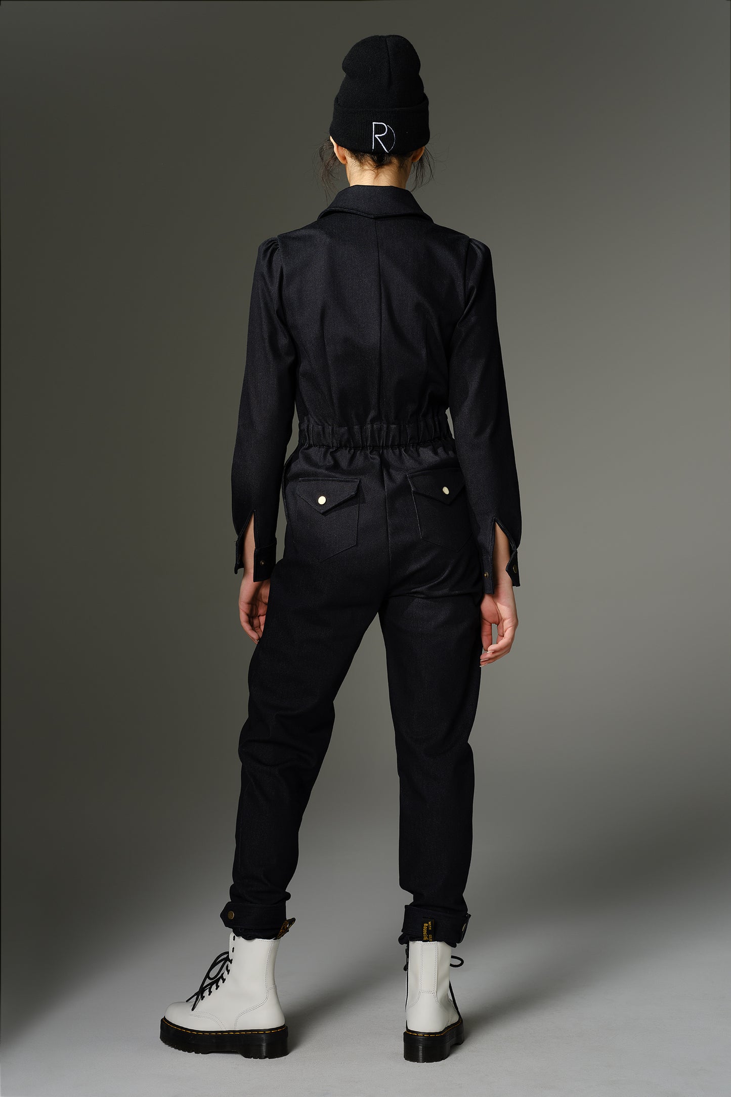 THE WOOLF Jumpsuit in Long Sleeve Deep Indigo Stretch Denim