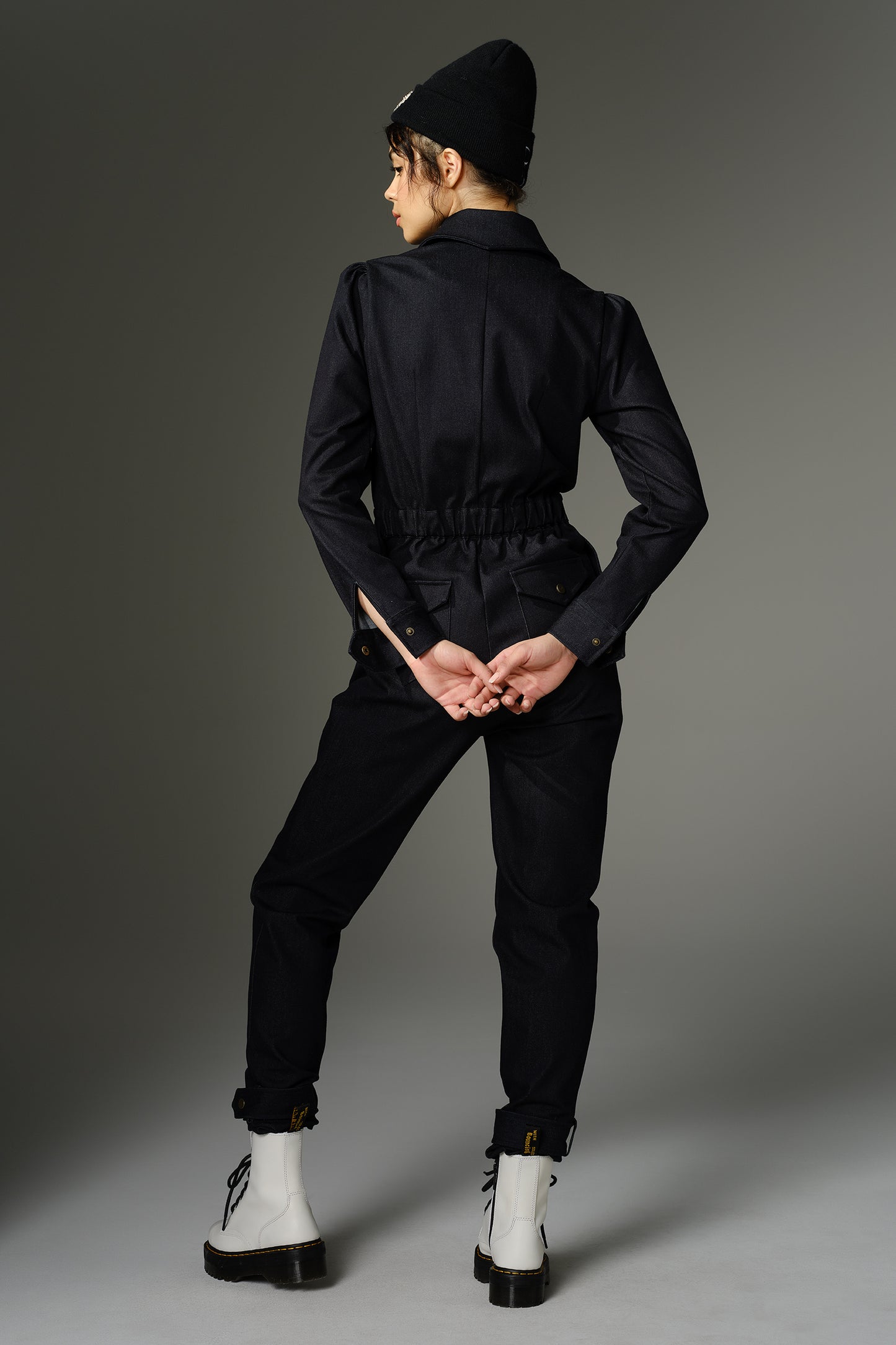 THE WOOLF Jumpsuit in Long Sleeve Deep Indigo Stretch Denim