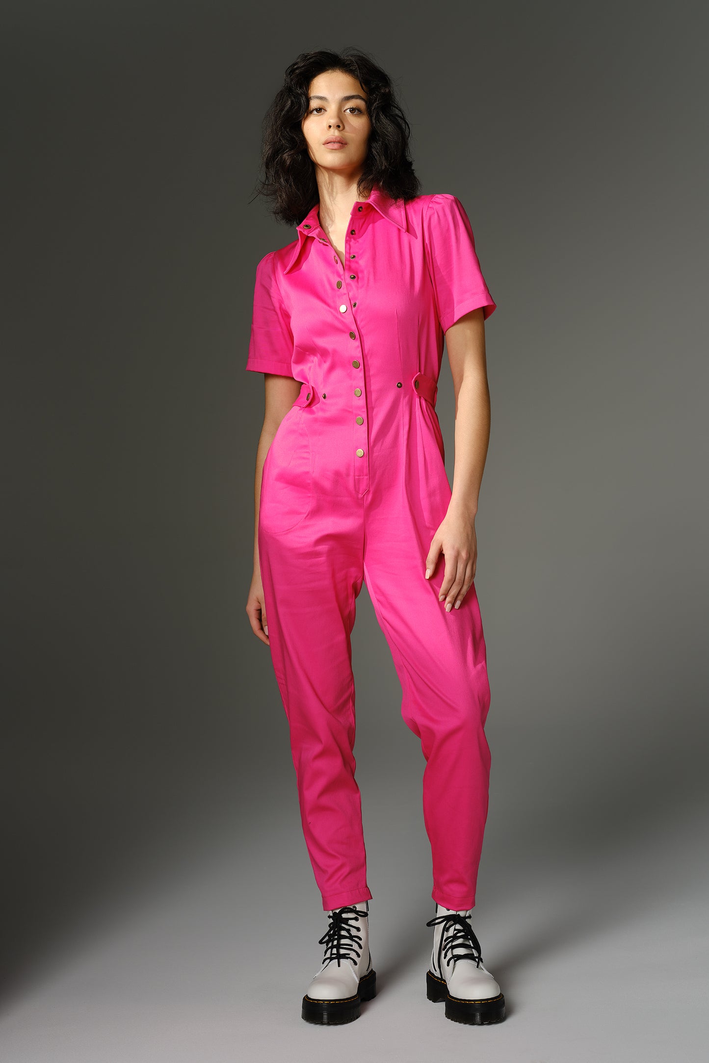 THE WOOLF Jumpsuit - Short Sleeve in Fuchsia Cotton Sateen