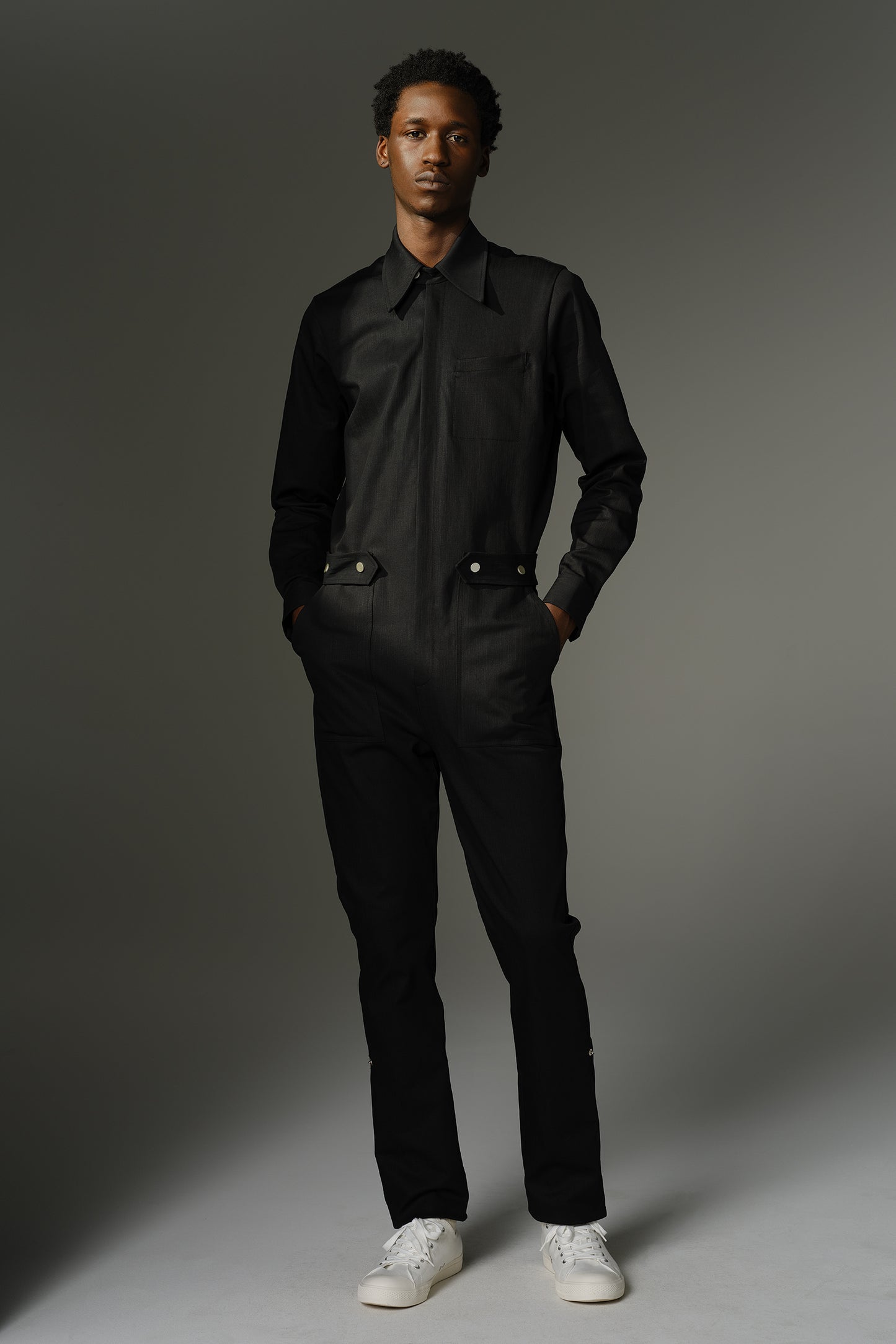 THE WILDE Jumpsuit - Long Sleeve in Black Stretch Denim