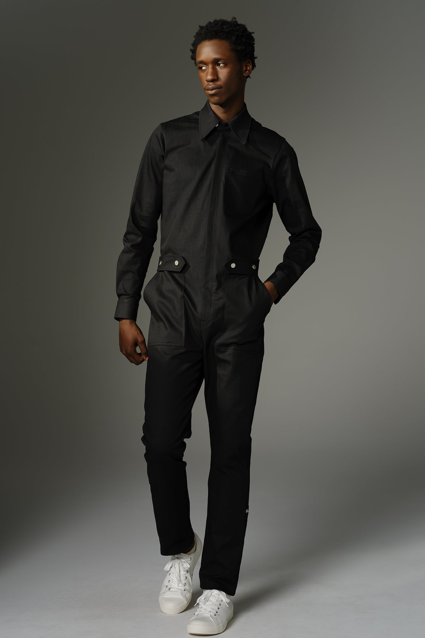 THE WILDE Jumpsuit - Long Sleeve in Black Stretch Denim