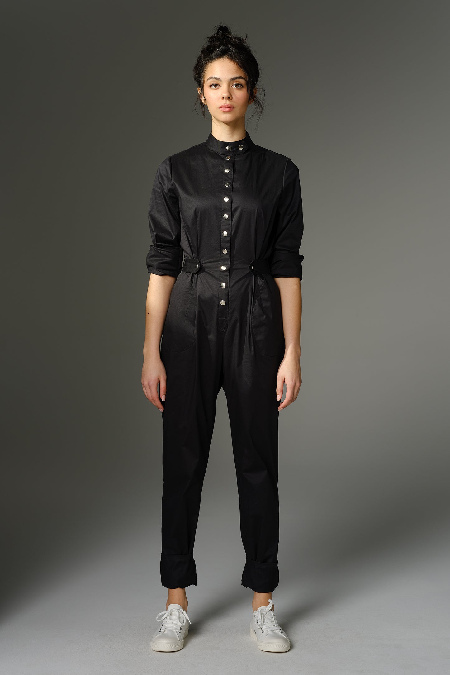 THE QUIMBY Jumpsuit - Long Sleeve in Black Cotton Stretch Sateen