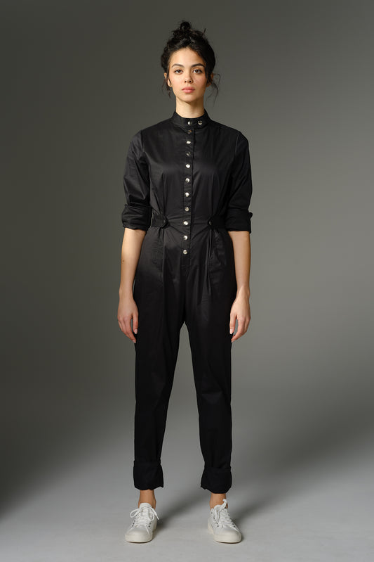 THE QUIMBY Jumpsuit - Long Sleeve in Black Cotton Stretch  Sateen