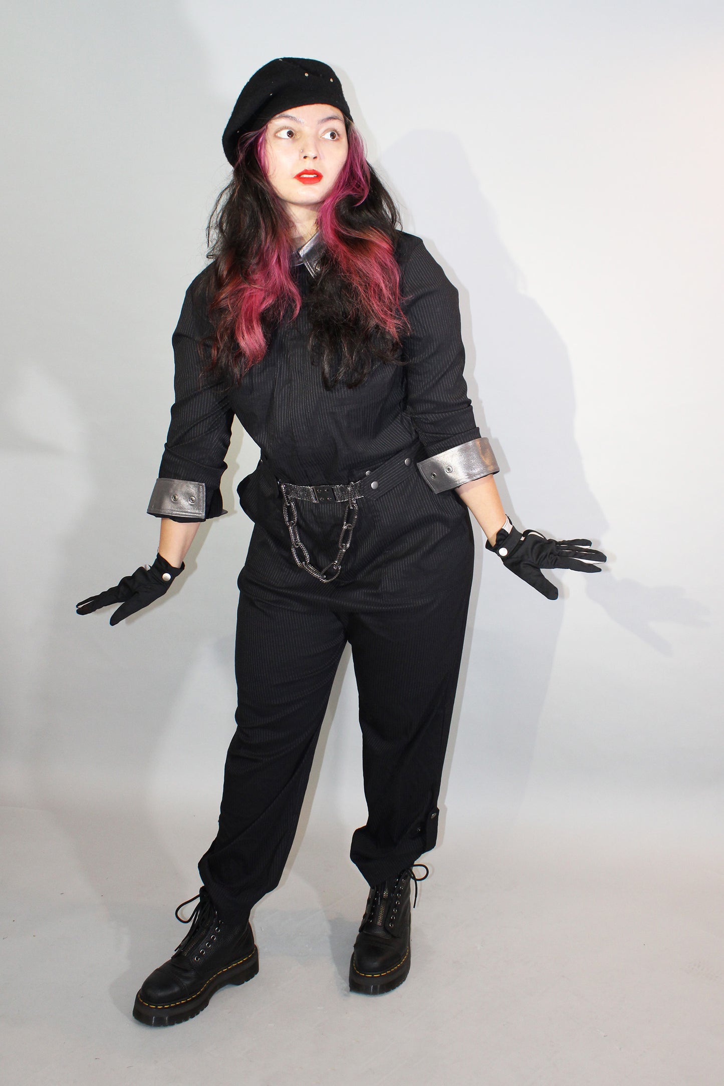 Black Pinstripe Jumpsuit with Metallic Accents