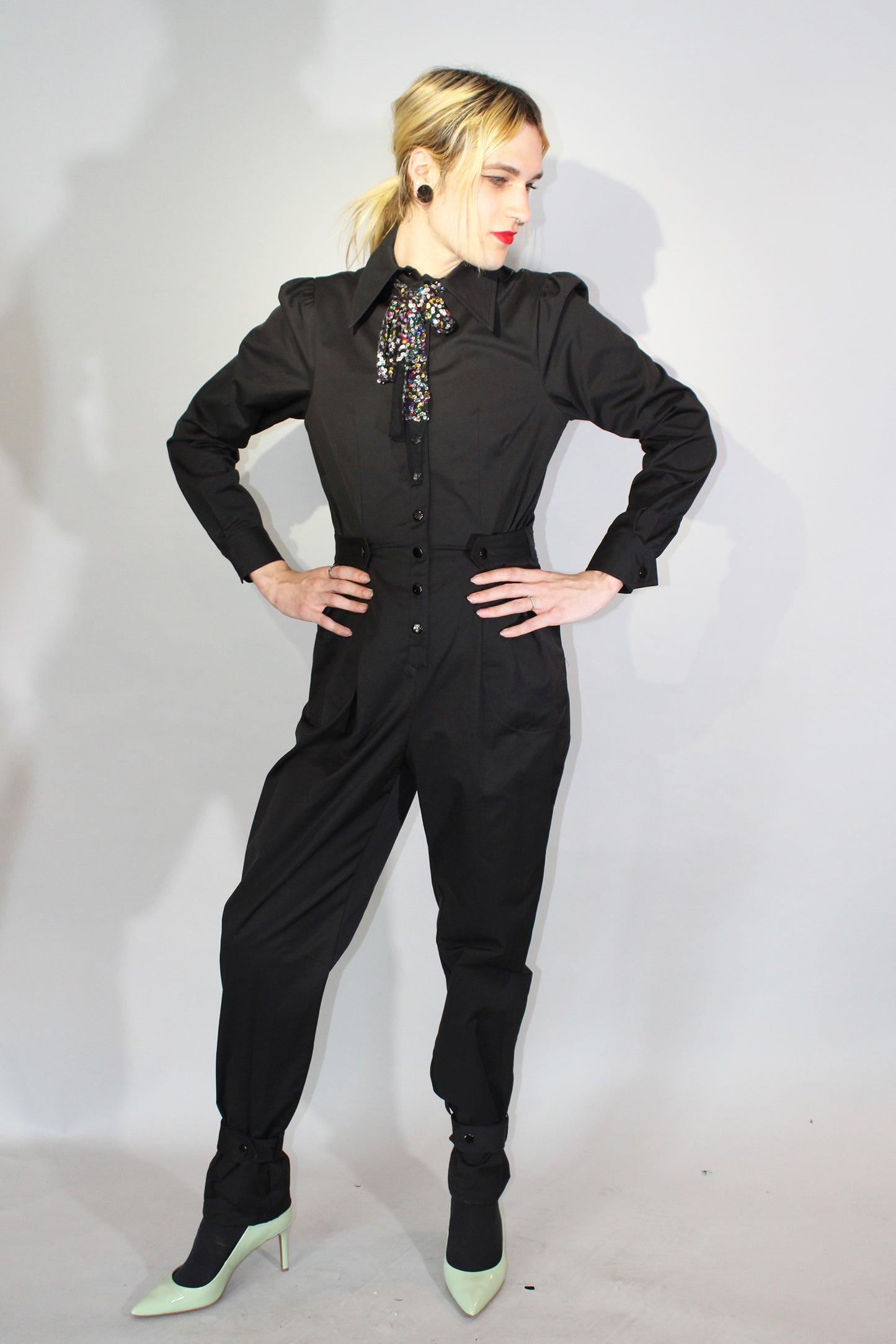 The WOOLF Jumpsuit - Long Sleeve in Jet Cotton/Taffeta Blend