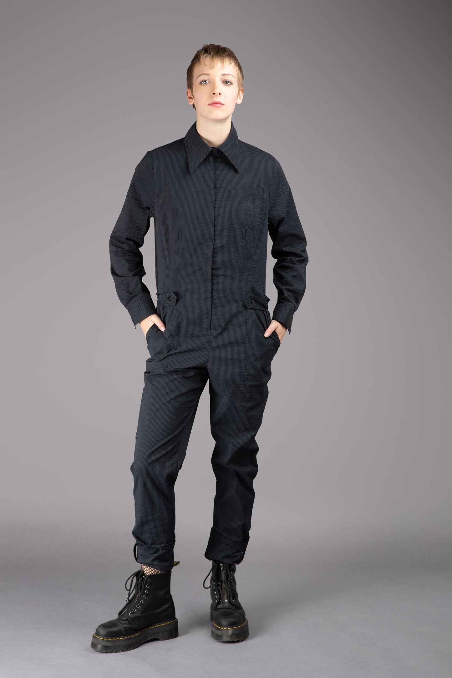 THE FEMININE WILDE Jumpsuit - Long Sleeve in Black Japanese Seersucker