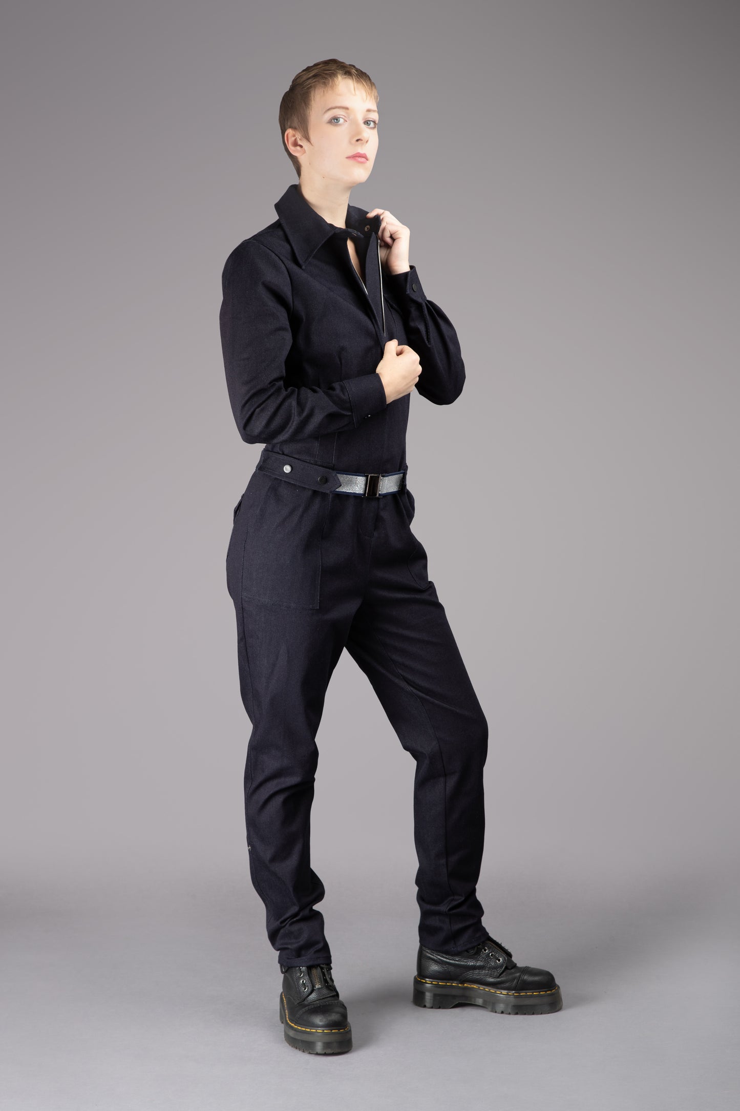 THE FEMININE WILDE Jumpsuit - Long Sleeve in Black Japanese Seersucker