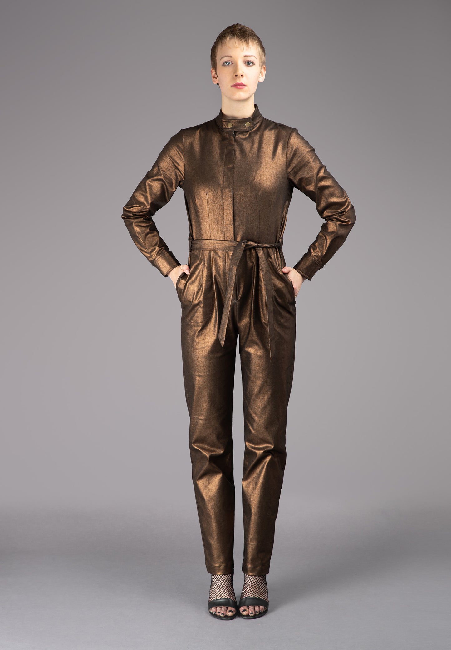 THE ALBERS Jumpsuit - Long Sleeve in Bronze Metallic Stretch Cotton