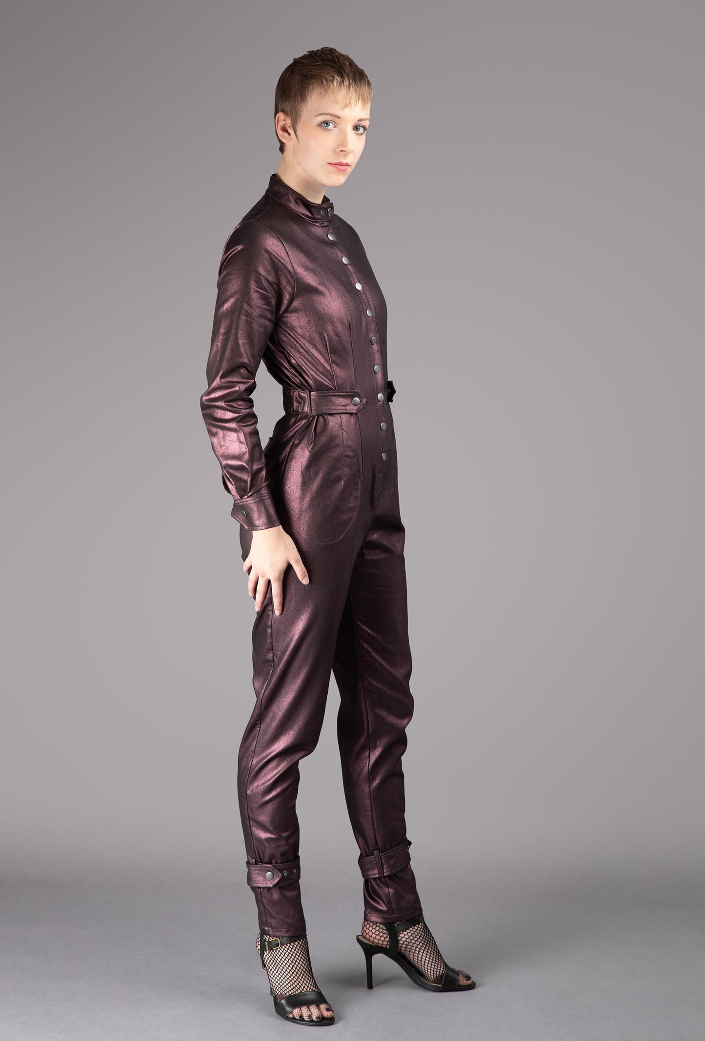 THE QUIMBY Jumpsuit - Long Sleeve in Plum Metallic Coated Stretch Cotton