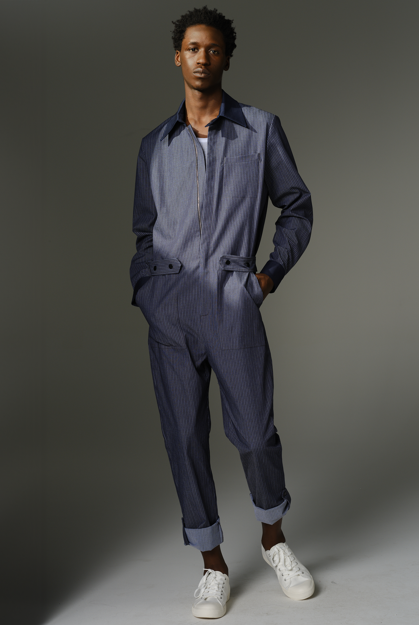 THE WILDE Jumpsuit - Long Sleeve Grey Pinstripe Cotton Stretch